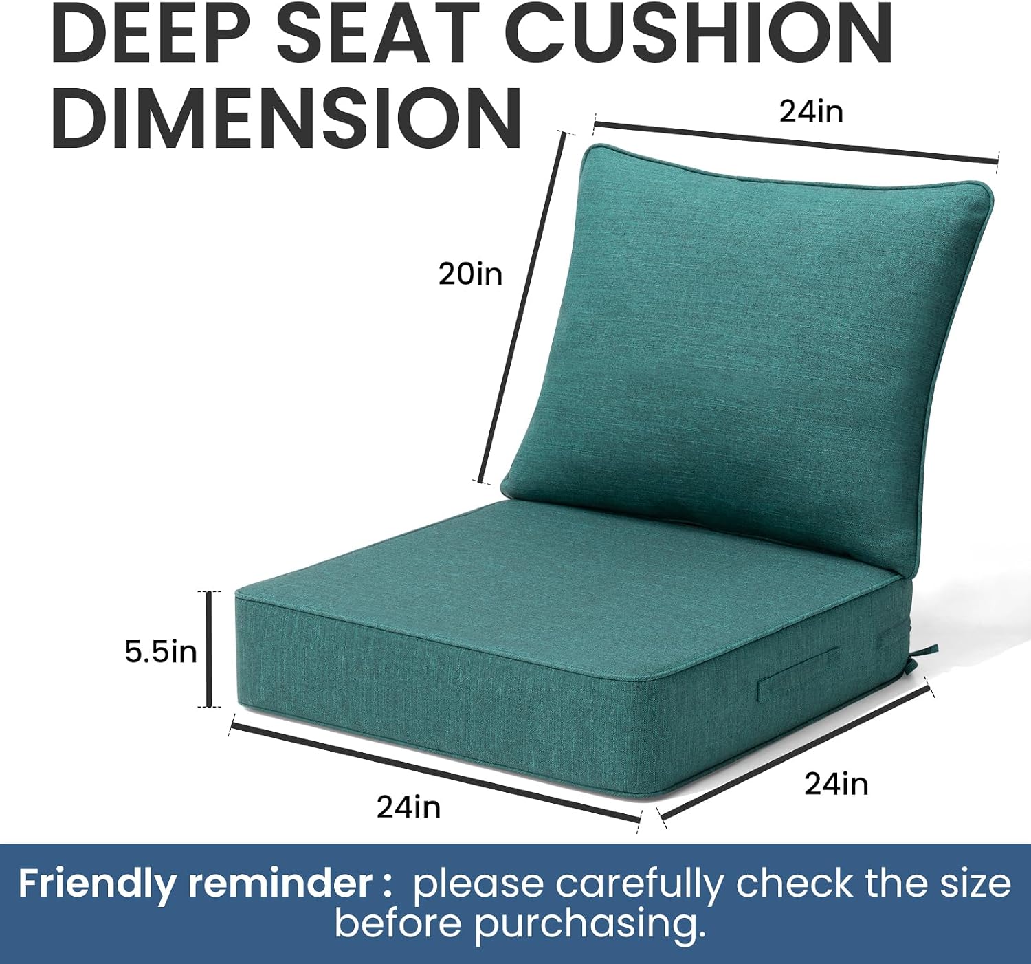 CRESTLIVE 5.5" Thick Deep Seat Patio Chair Cushions 24x24 Set of 2, Waterproof Outdoor Replacement Cushions for Wicker Sofa and Couch, Fade Resistant, Malachite