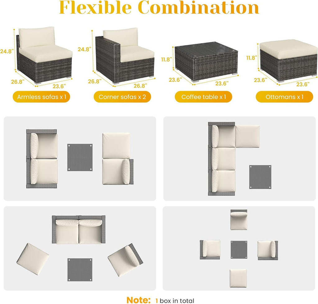 May in Color 5 Piece Outdoor Patio Sectional Furniture Set, Weather Resistant Rattan Outside Couch, Waterproof Conversation Sofa for Balcony, Porch, Backyard, Deck, Garden,Beige
