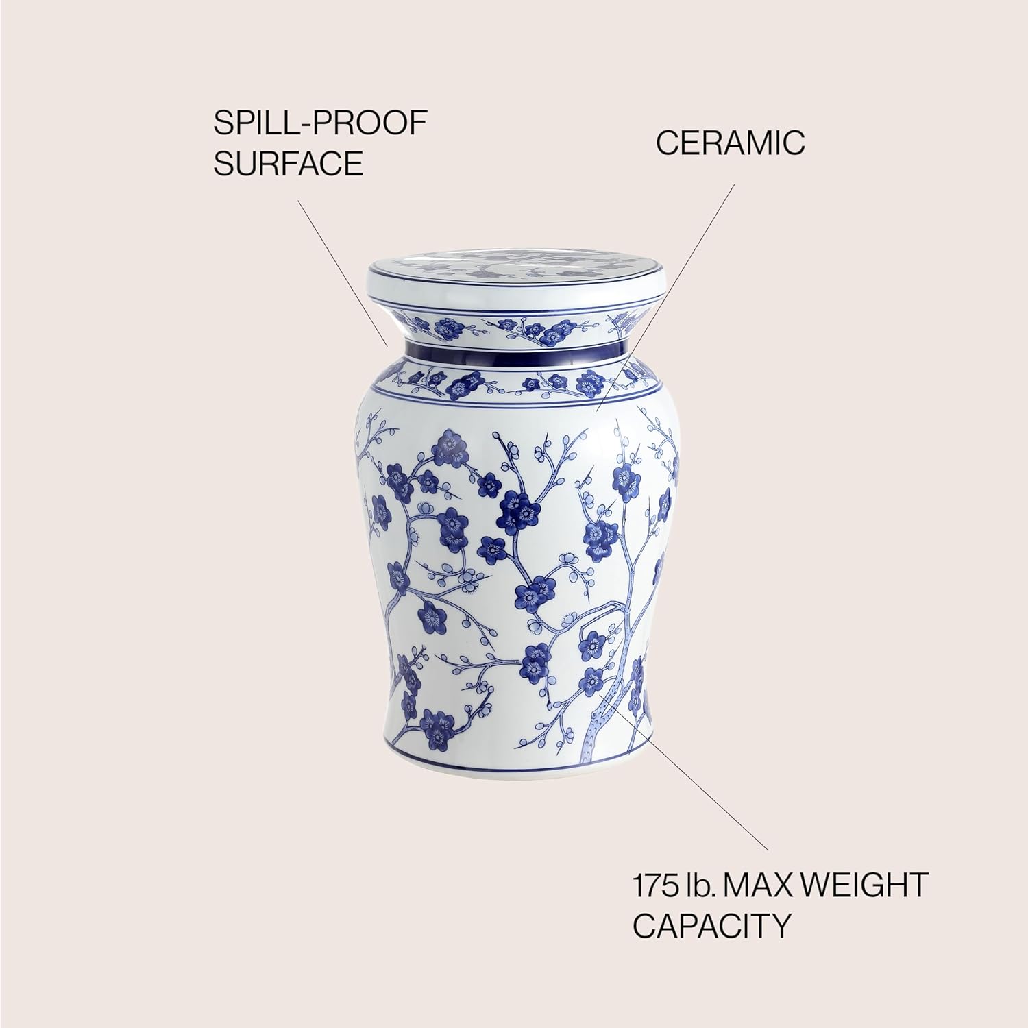 JONATHAN Y Cherry Blossom 18" Ceramic Chinoiserie Garden Stool, Traditional Floral Accent Side Table and Plant Stand for Indoor/Outdoor Garden, Patio, Living Room, Blue/White TBL1016A