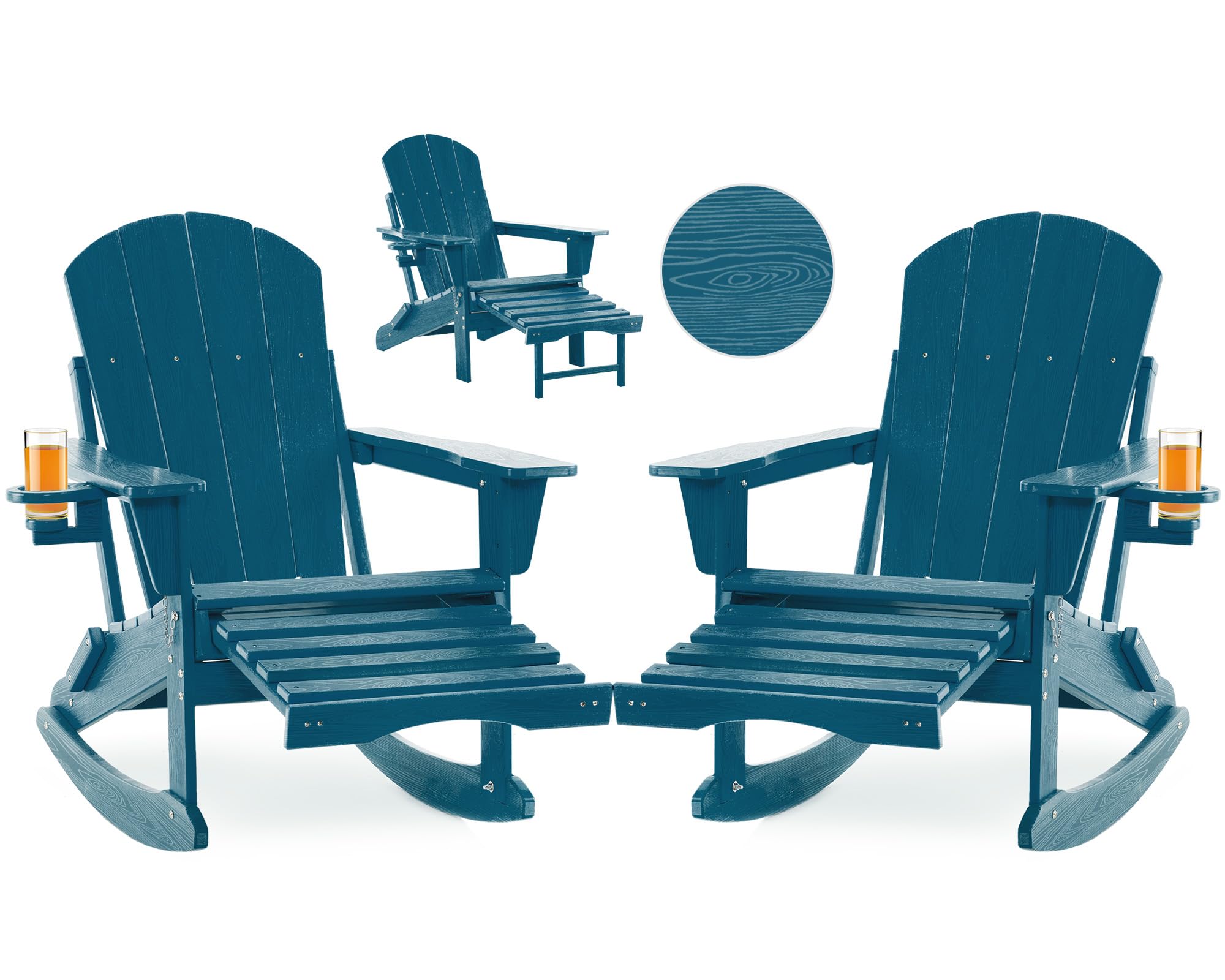 Folding Adirondack Rocking Chair,4-in-1 Multifunctional Patio Chair with Retractable Ottoman, Outdoor Chair Wood Texture, Lawn Chair for Porch, Backyard, Pool(Grey)
