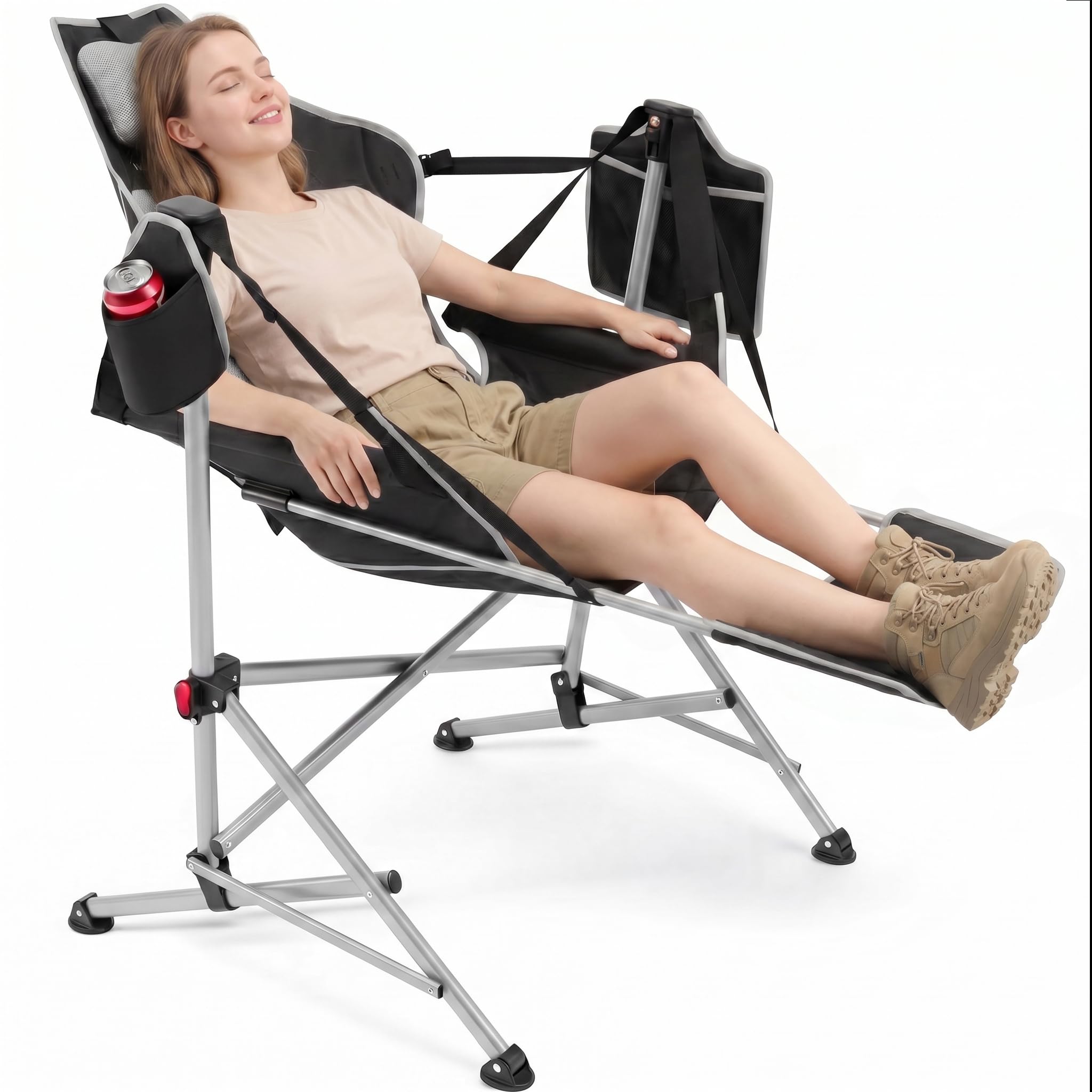 Hammock Camping Chair with Footrest, Oversized Swinging Folding Camp Chair for Adults, Adjustable Back & Seat, Heavy Duty Rocking Chair with Cup Holder & Pillow for Outdoor Patio Lawn RV, Blue