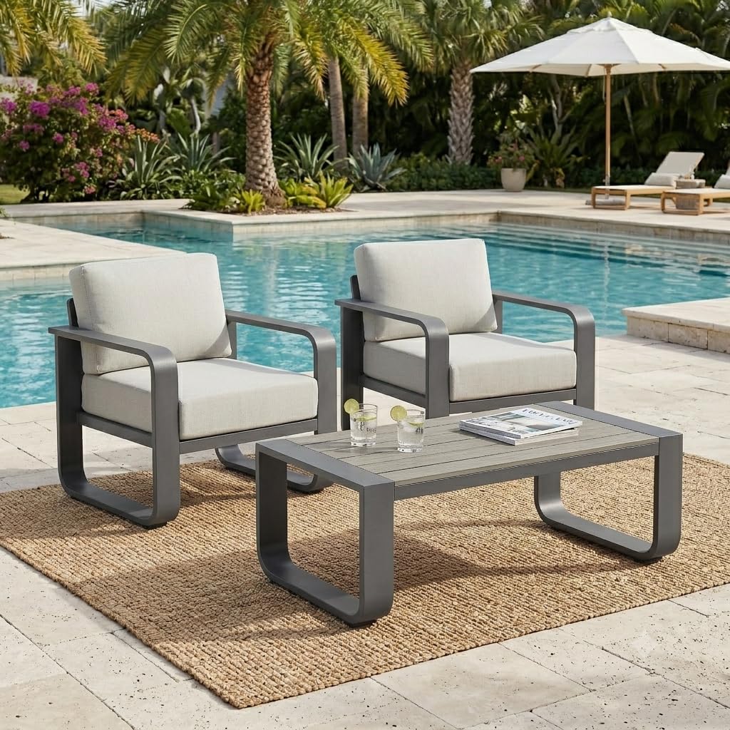 CHITA Aluminum Outdoor 3-Seater Sofa, Patio Furniture with 6.3in Thick High-Resilient Cushions & 100% Aluminum Frame, Modern Outdoor Patio Furniture for Poolside, Deck, Balcony