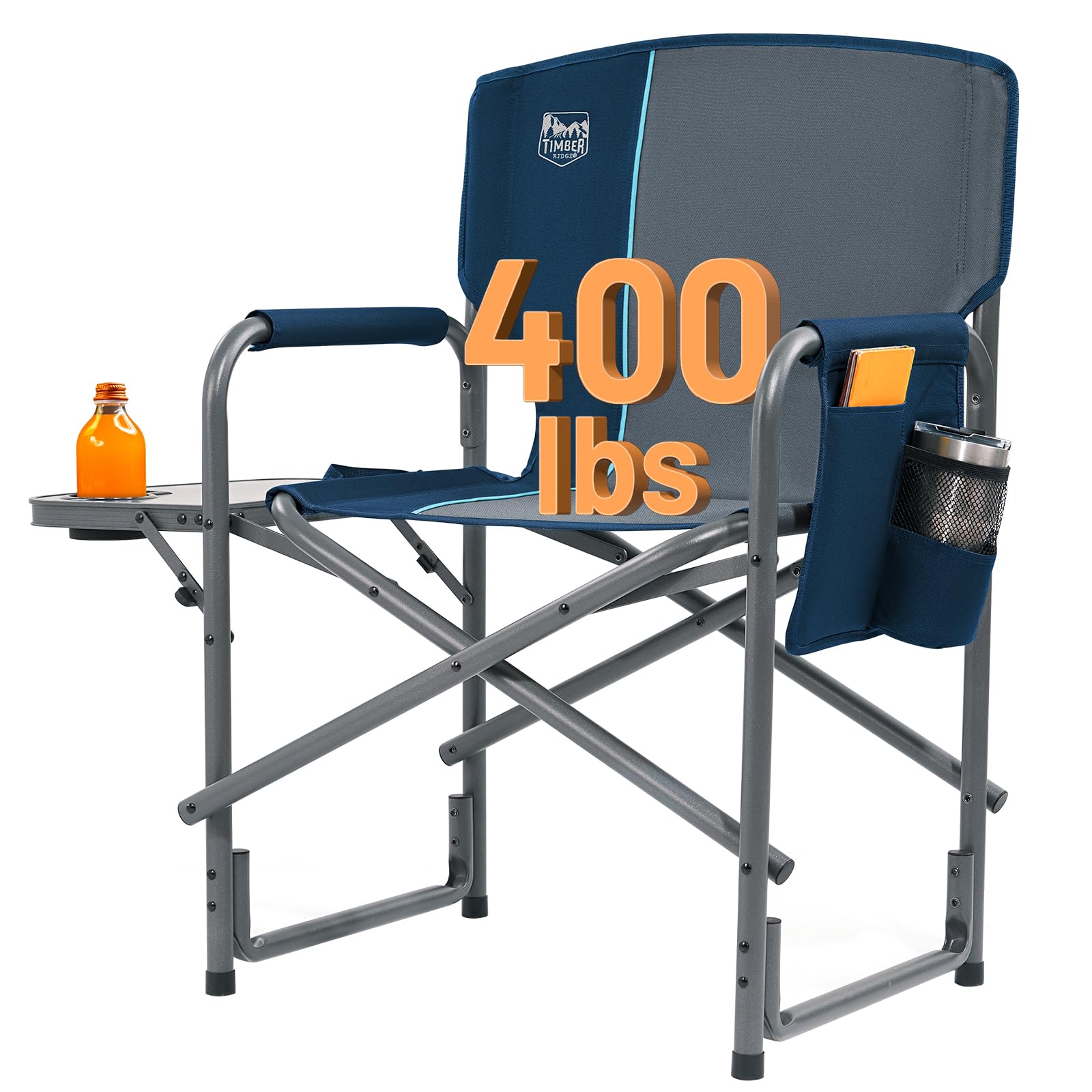 TIMBER RIDGE Aluminum Oversized Camping Chair, Lightweight Portable Directors Chair with Side Table Detachable Side Pocket for Outdoor Camping, Lawn, Picnic, Support 400lbs Black