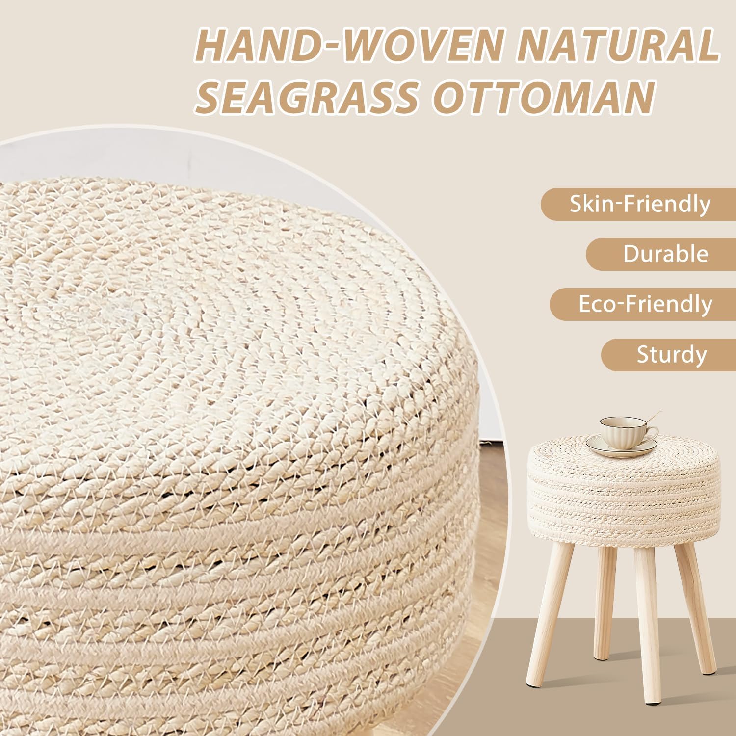 Cpintltr Round Ottoman Footstool Natural Seagrass Foot Stool Pouf Ottomans with Solid Wood Legs Hand Weave Hyacinth Footrest Step Stool for Living Room Balcony Garden Natural & Beige
