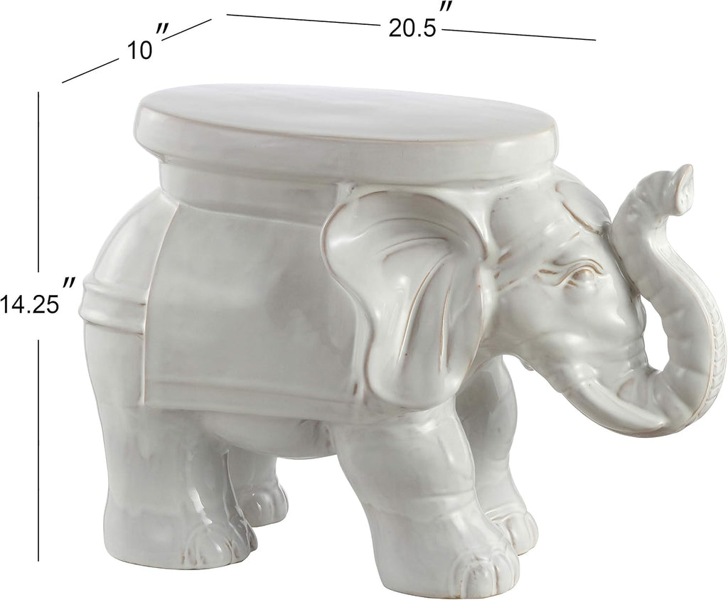 JONATHAN Y White Elephant 14.25" Glazed Ceramic Elephant Garden Stool, Weather-Resistant Indoor/Outdoor Patio Side Table and Plant Stand, Bohemian, Antique White TBL1007A
