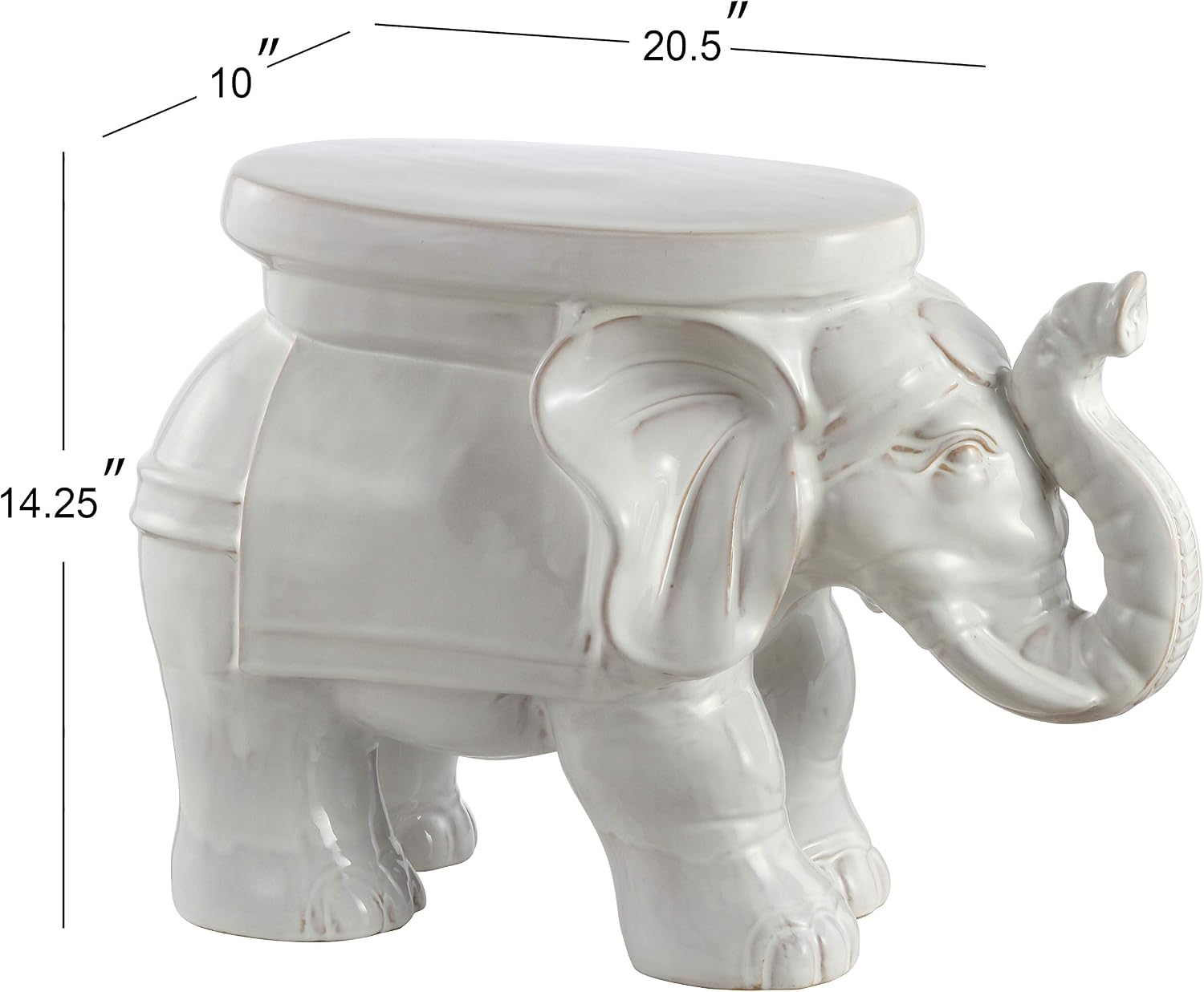 JONATHAN Y White Elephant 14.25" Glazed Ceramic Elephant Garden Stool, Weather-Resistant Indoor/Outdoor Patio Side Table and Plant Stand, Bohemian, Antique White TBL1007A