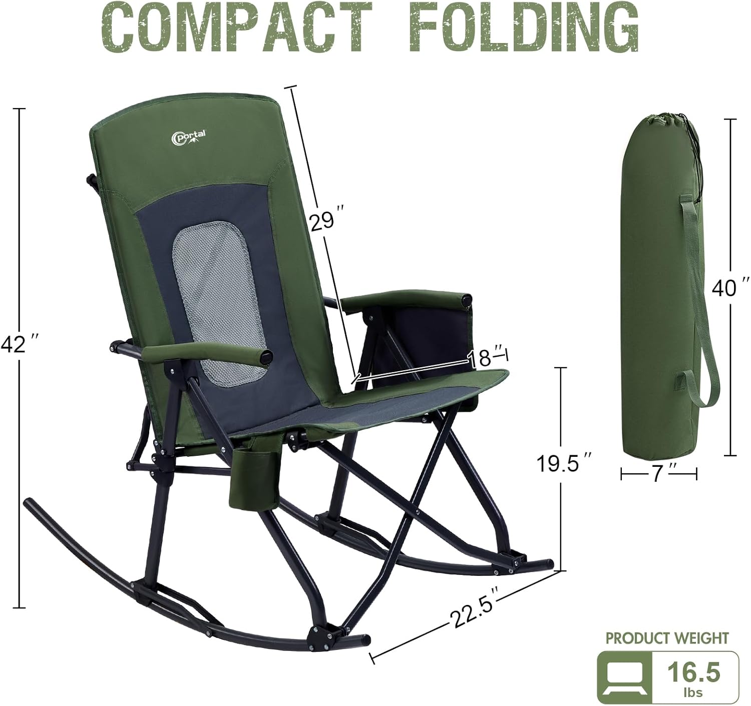 Portal Oversized Folding Rocking Camping Chair Portable Outdoor Rocker with High Back Hard Armrests Carry Bag, Supports 400 lbs