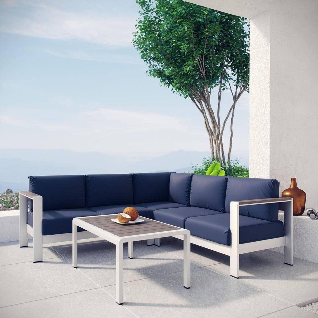 Modway Shore 4-Piece Aluminum Outdoor Patio Sectional Sofa Set in Silver Navy