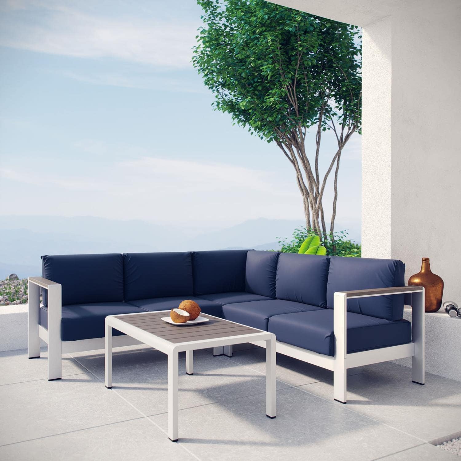 Modway Shore 4-Piece Aluminum Outdoor Patio Sectional Sofa Set in Silver Navy