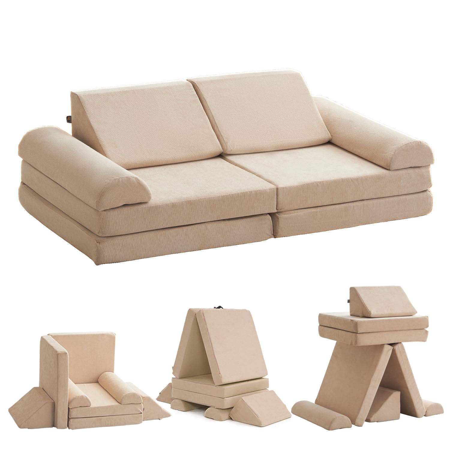 jela Kids Couch, Waterproof Kids Modular Sofa for Outdoor & Indoor, UV Resistant Child Sectional Sofa, Foam Play Couch Playhouse Play Set for Children Adults(Sand Beige)