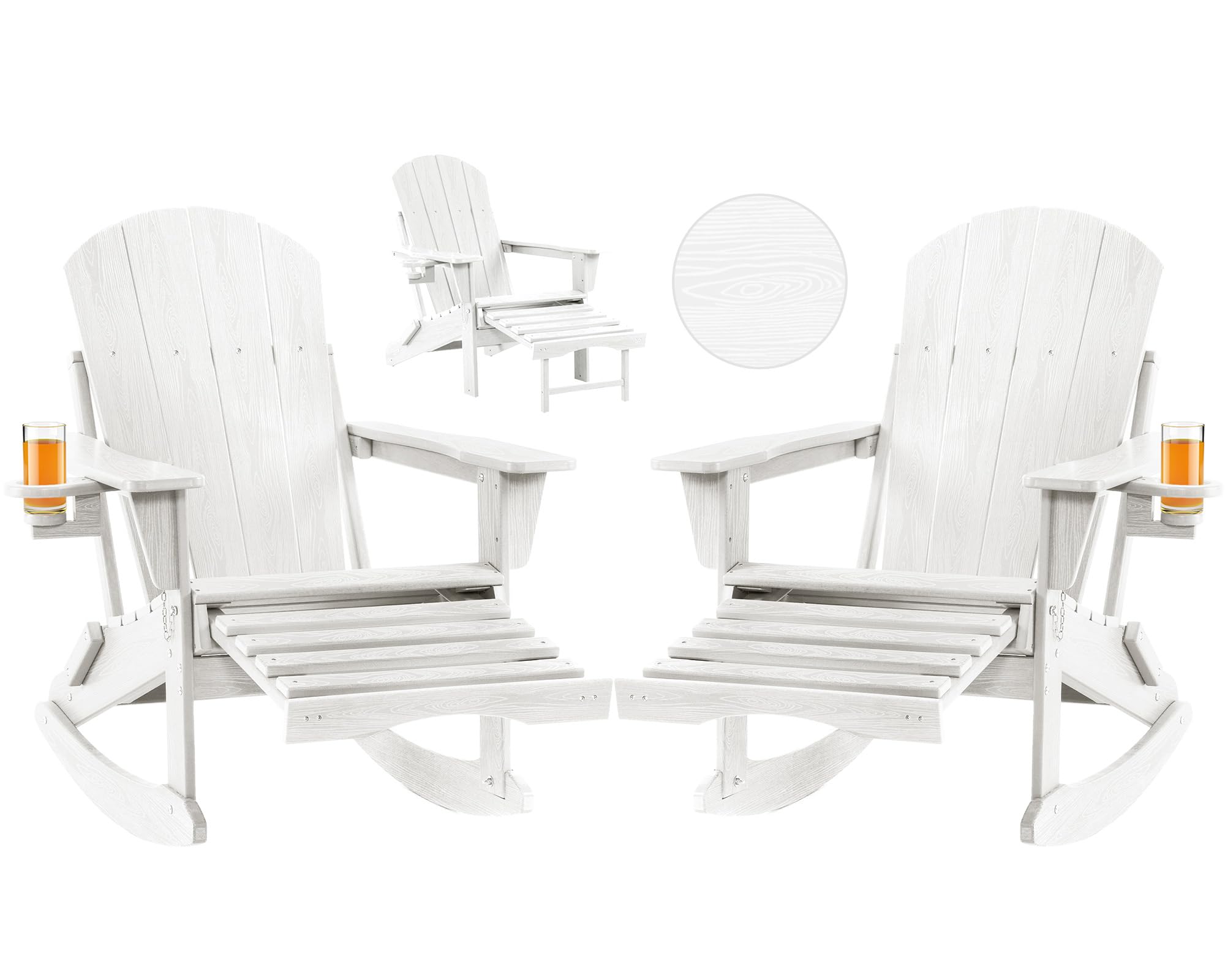 Folding Adirondack Rocking Chair,4-in-1 Multifunctional Patio Chair with Retractable Ottoman, Outdoor Chair Wood Texture, Lawn Chair for Porch, Backyard, Pool(Grey)