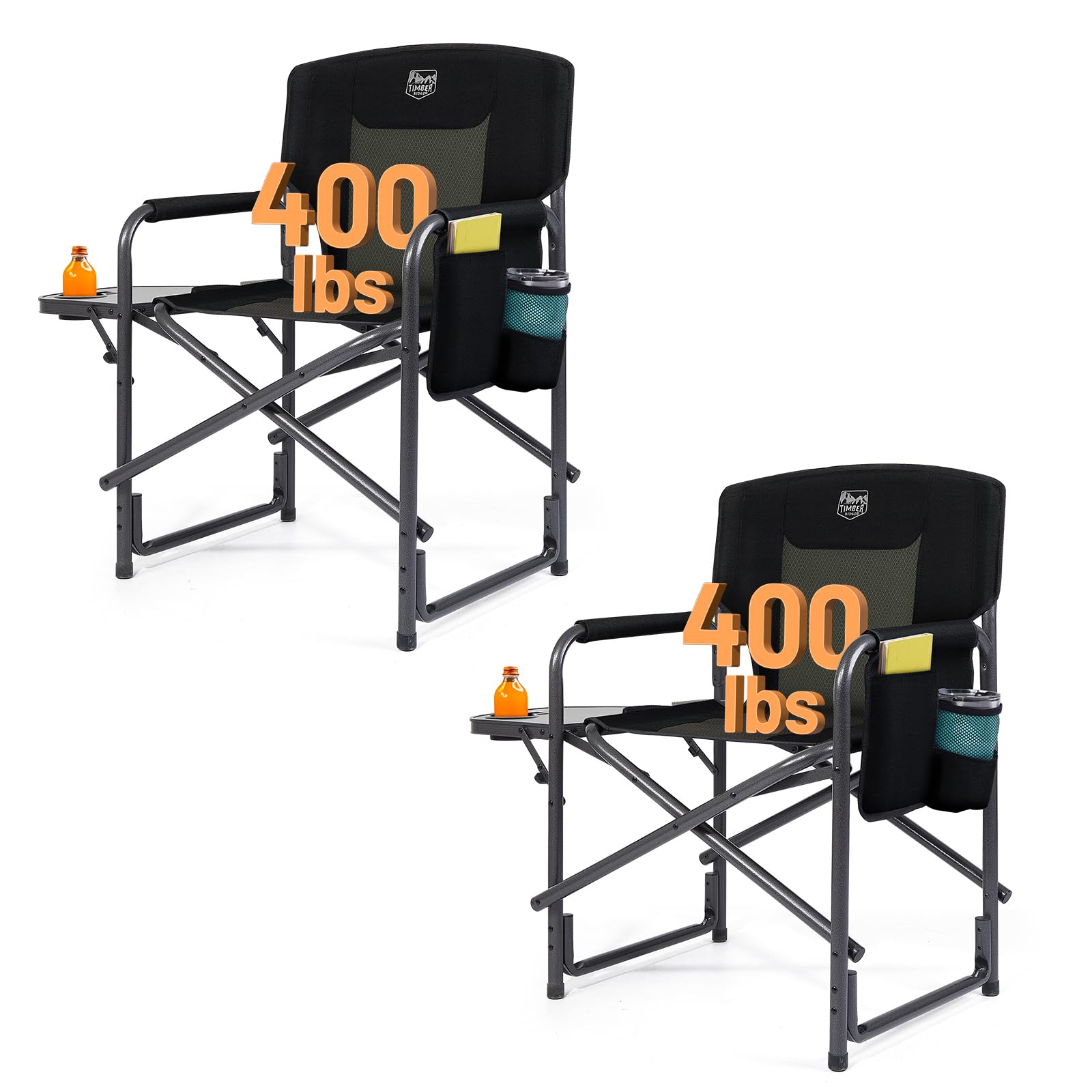 TIMBER RIDGE Aluminum Oversized Camping Chair, Lightweight Portable Directors Chair with Side Table Detachable Side Pocket for Outdoor Camping, Lawn, Picnic, Support 400lbs Black