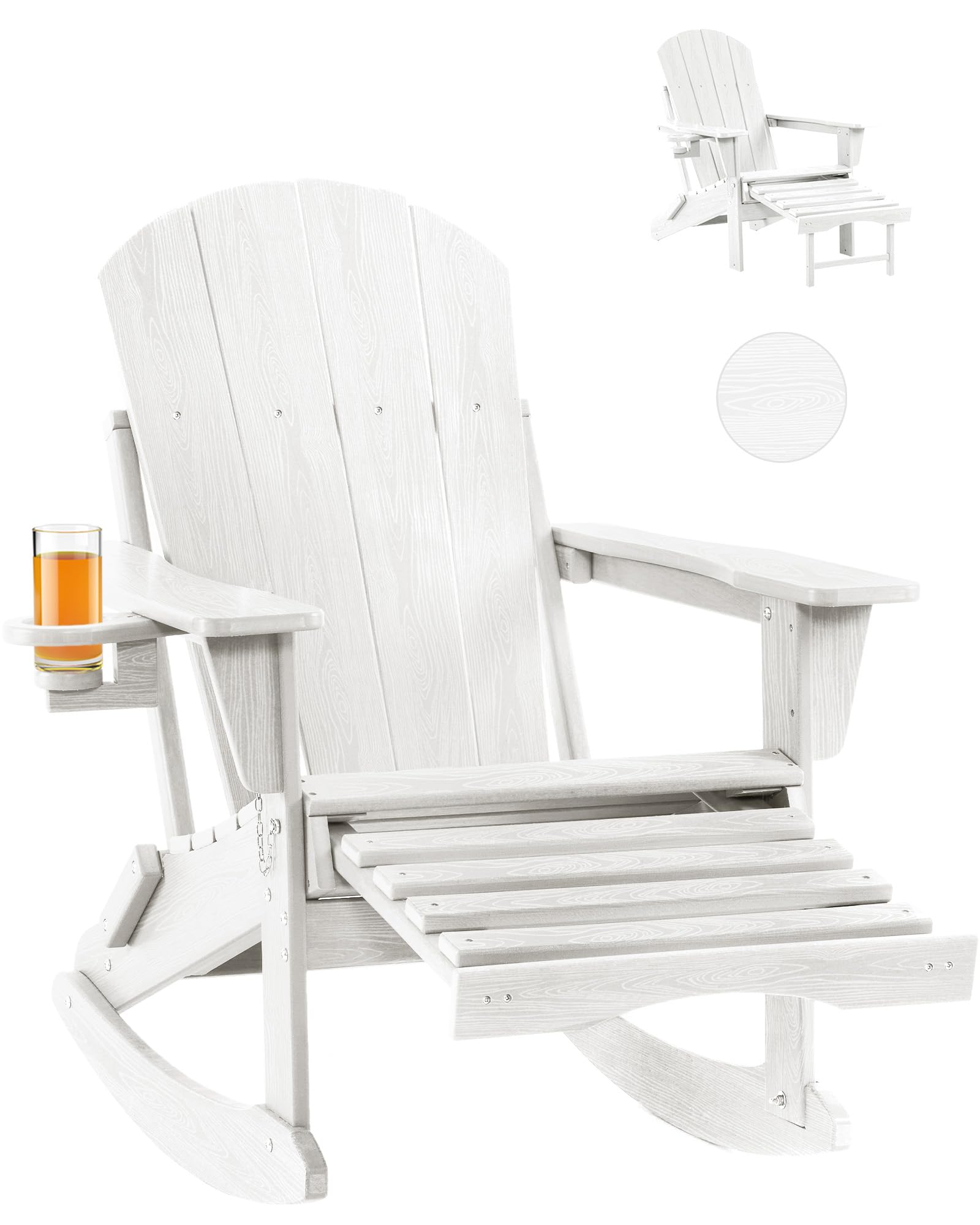 Folding Adirondack Rocking Chair,4-in-1 Multifunctional Patio Chair with Retractable Ottoman, Outdoor Chair Wood Texture, Lawn Chair for Porch, Backyard, Pool(Grey)