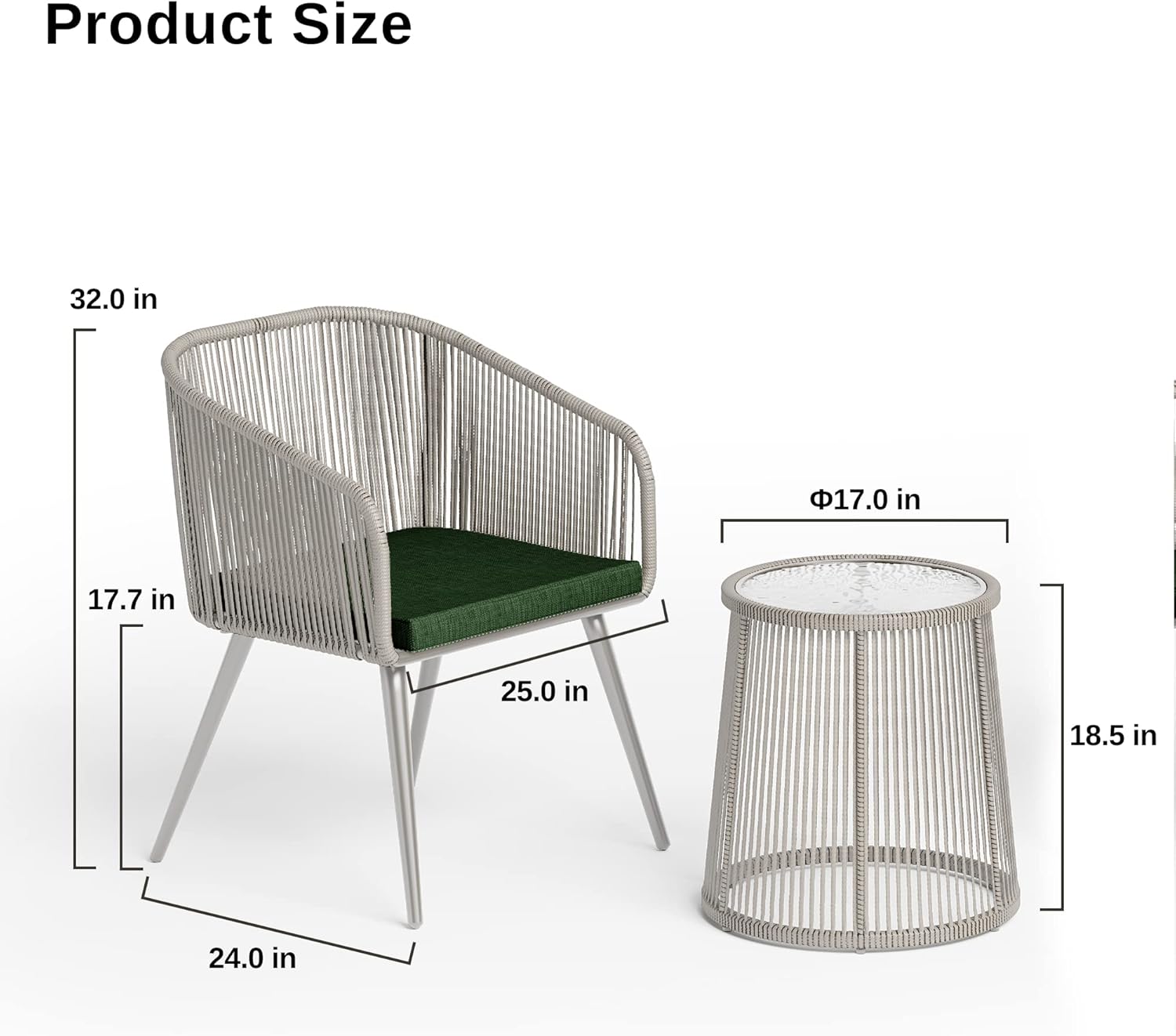 EAST OAK Breezeway Patio Furniture Set, 3-Piece Outside Bistro Set Handwoven Rattan Wicker Chairs with Waterproof Cushions, Tempered Glass Table, Outdoor Conversation Set, Ivory White & Jungle Green