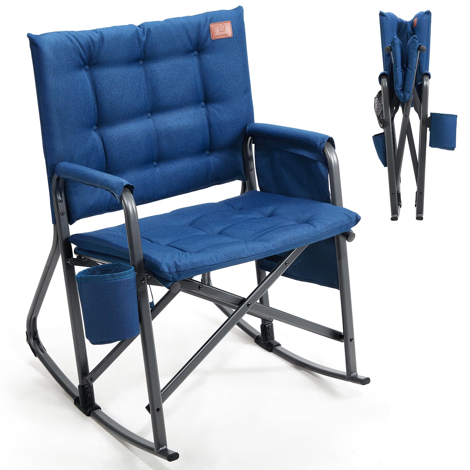 EVER ADVANCED Lightweight Folding Rocking Camping Chair, Padded Portable Rocker Chair for Patio, Lawn and Outdoors, Heavy Duty Hard Armchair for Adults, Grey