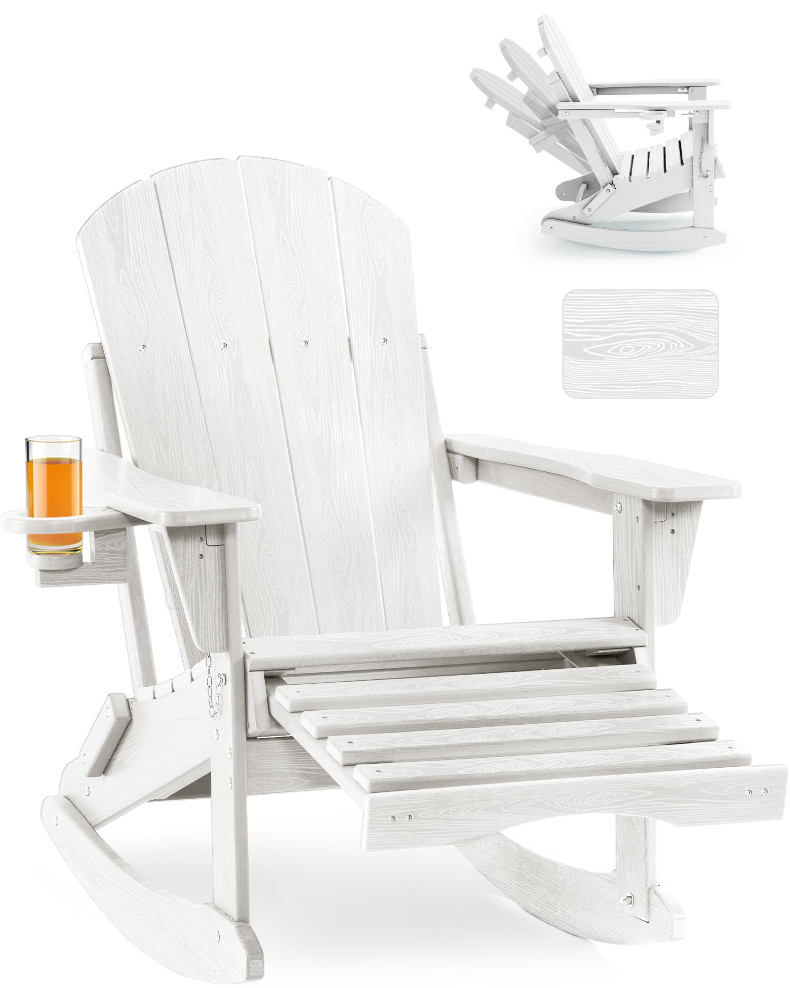 Folding Adirondack Rocking Chair,4-in-1 Multifunctional Patio Chair with Retractable Ottoman, Outdoor Chair Wood Texture, Lawn Chair for Porch, Backyard, Pool(Grey)