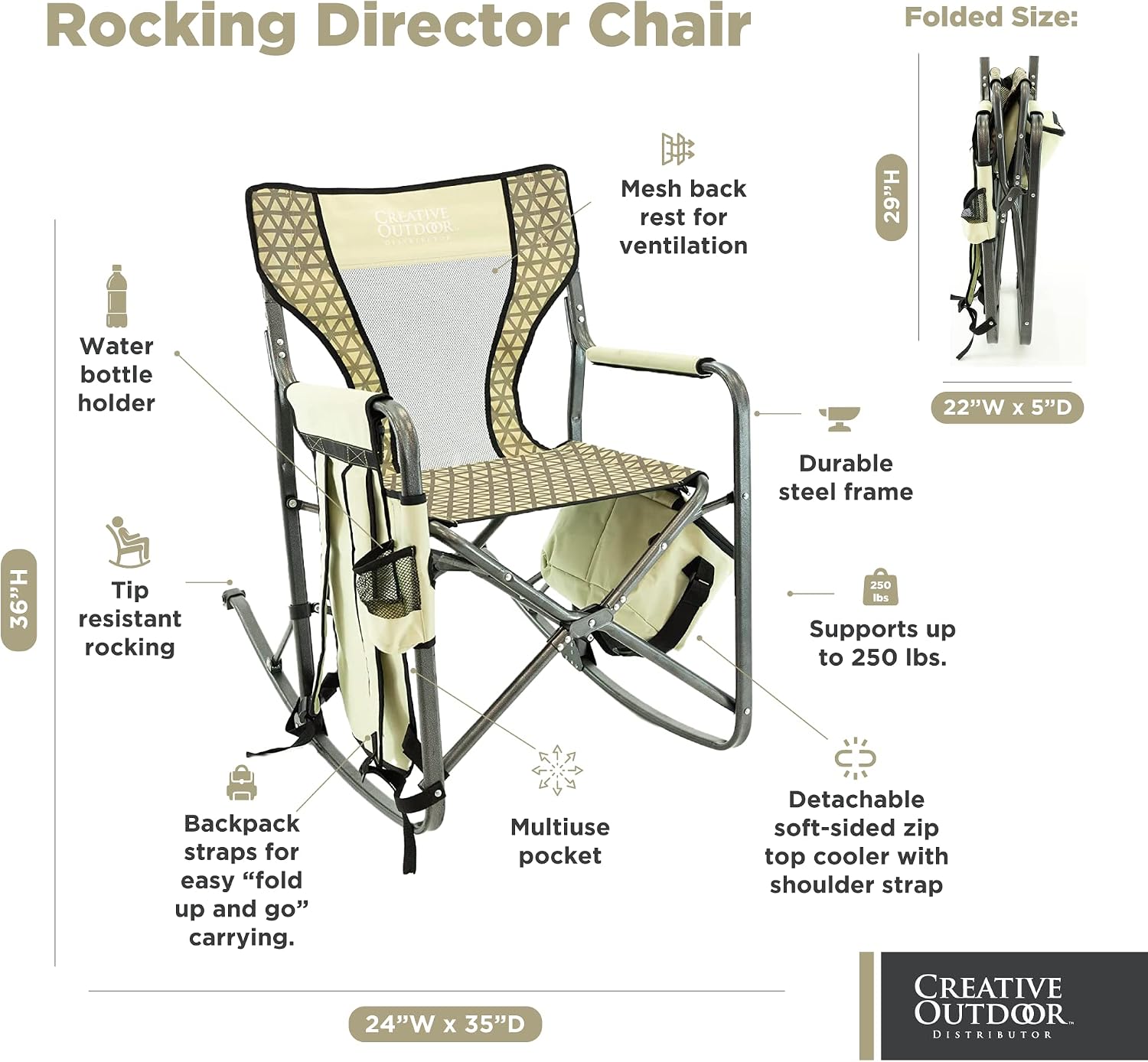 Creative Outdoor Collapsible Folding Rocking Director Chair | Camping Picnic Beach & Patio