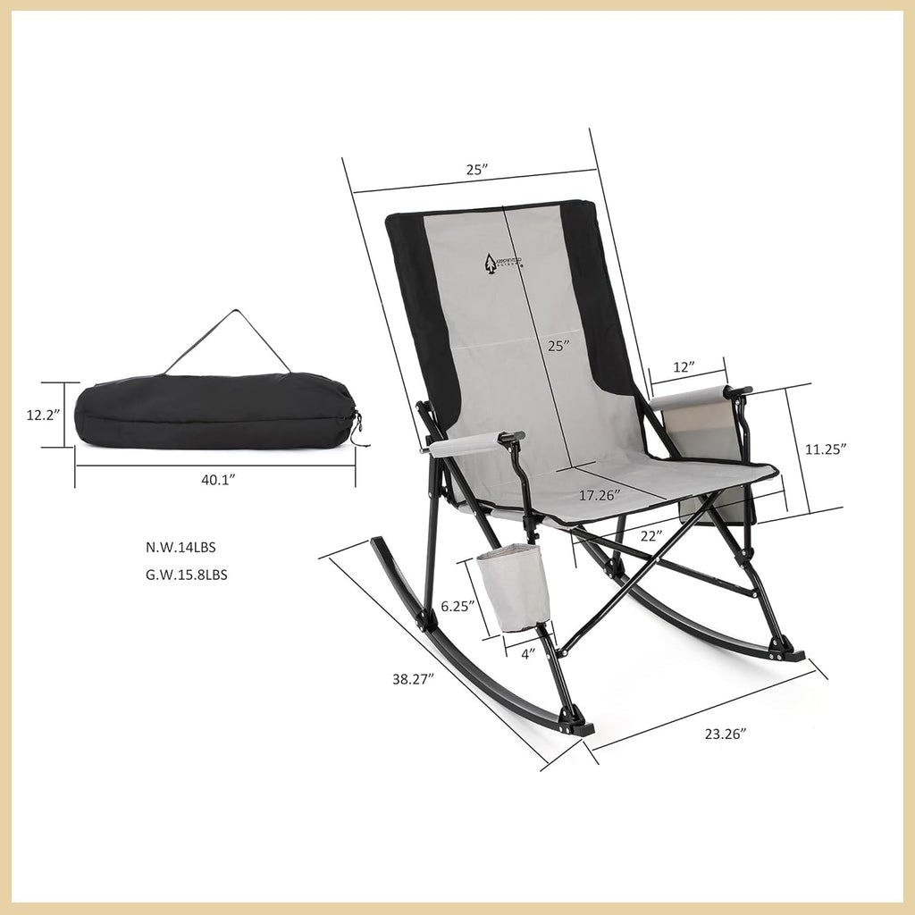 ARROWHEAD OUTDOOR Foldable Rocking Camp Chair with Large Cup Holder, Side Pocket, Space-Saving Folding, Enhanced Swinging Rocker for Camping, Fishing, Patio