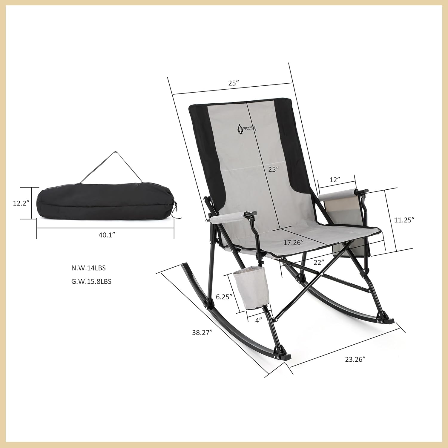 ARROWHEAD OUTDOOR Foldable Rocking Camp Chair with Large Cup Holder, Side Pocket, Space-Saving Folding, Enhanced Swinging Rocker for Camping, Fishing, Patio