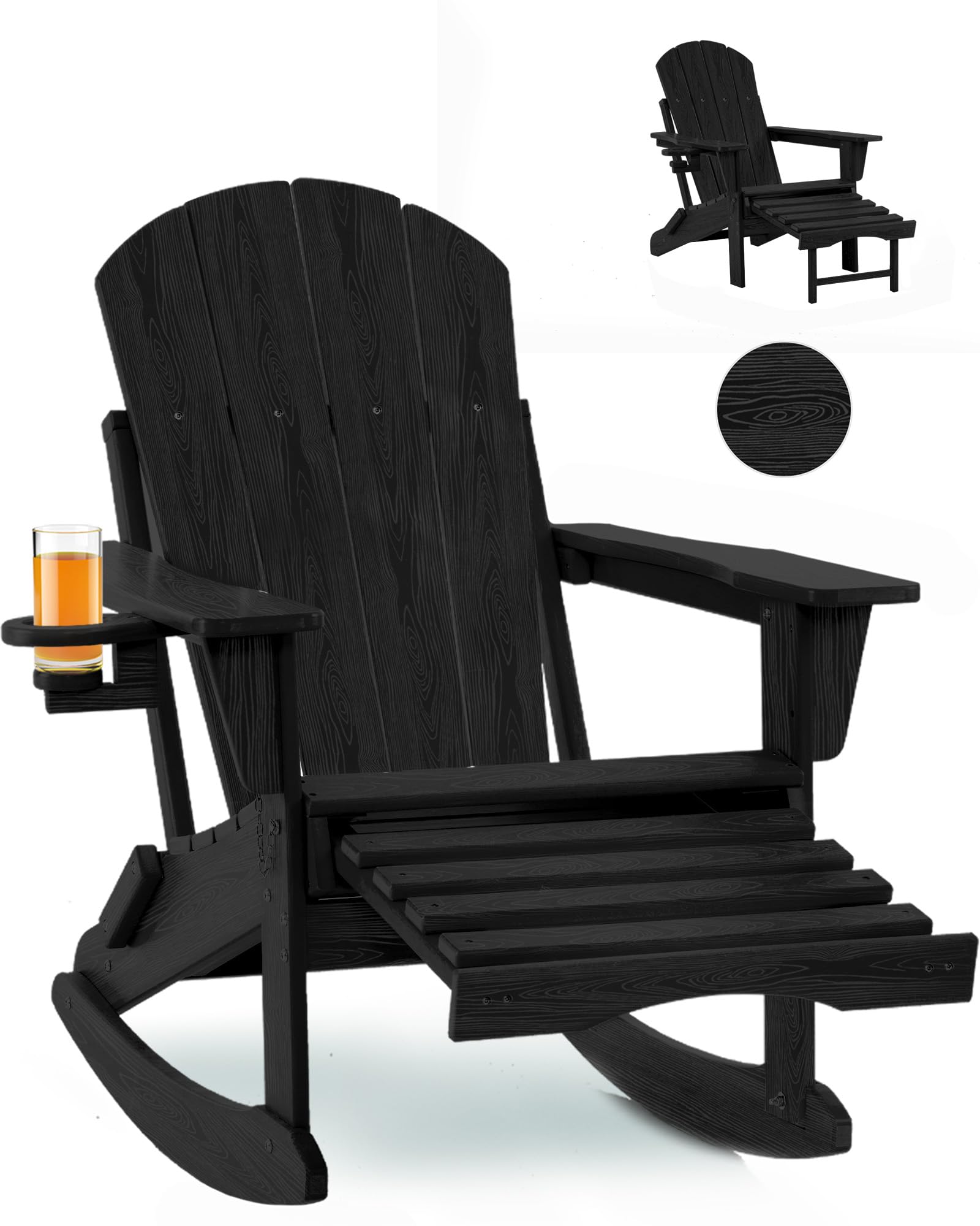 Folding Adirondack Rocking Chair,4-in-1 Multifunctional Patio Chair with Retractable Ottoman, Outdoor Chair Wood Texture, Lawn Chair for Porch, Backyard, Pool(Grey)