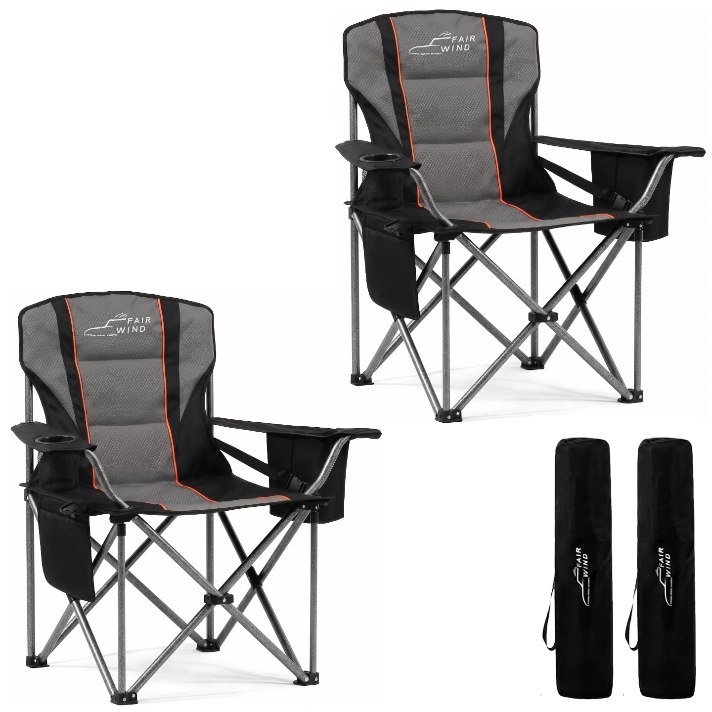 FAIR WIND Padded Camping Chair 500LBS Capacity Heavy Duty Oversized Folding Chair for Heavy People Portable Lawn Chair with Adjustable Lumbar Support, Cooler Bag & Cup Holder for Outdoor, Beach