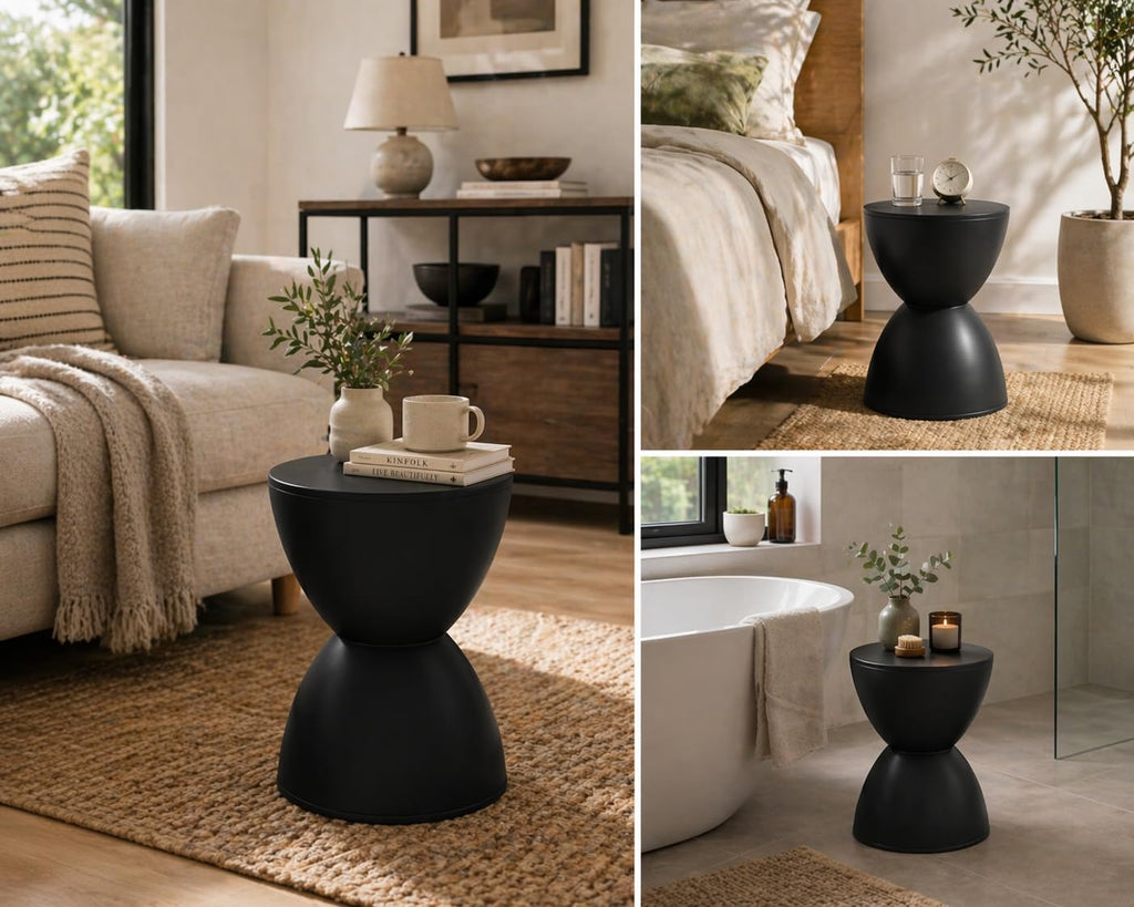 Euro Style Sallie Indoor/Outdoor Stool or End Table | Modern Hourglass Accent Style | UV- Protected Plastic Extra Seating or End Table for Patio, Balcony, Poolside, Entryway, or Living Room | Black