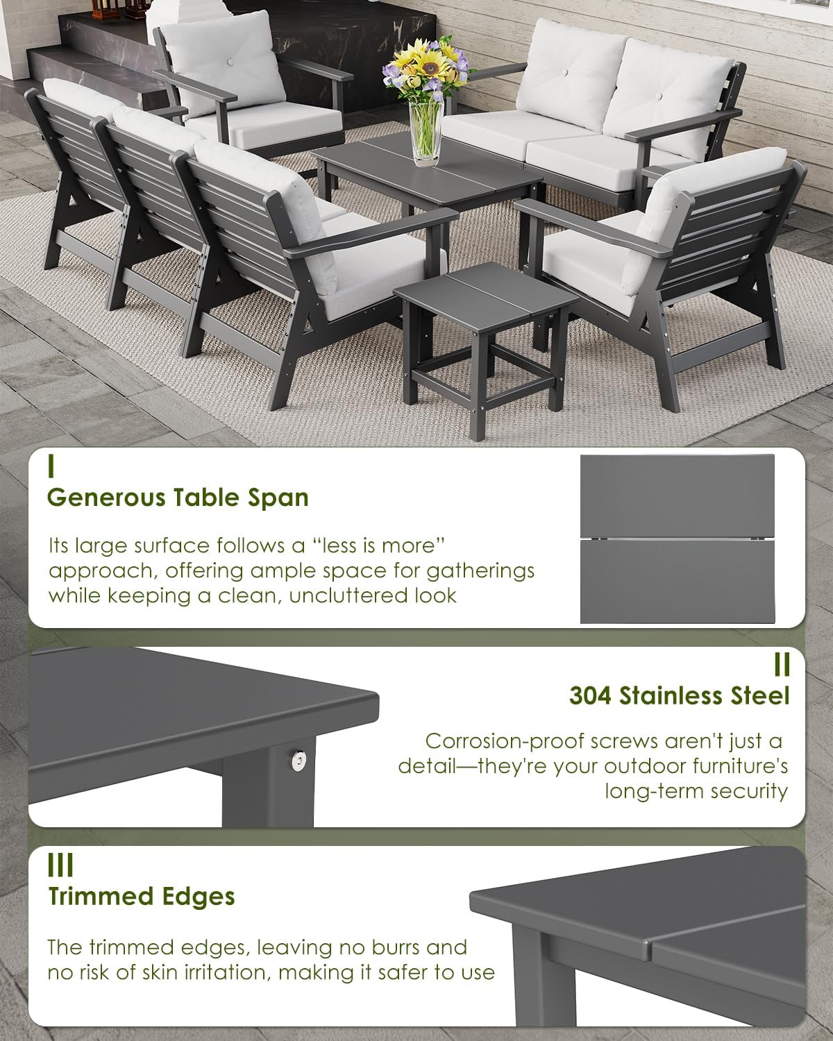 GREENVINES Adirondack-Outdoor-Side-Table | 18 x 18 Inches | HDPE Plastic | All Weather | Outside Couch Tables for Conversation Set | Gray | for Patio Porch Deck Lawn