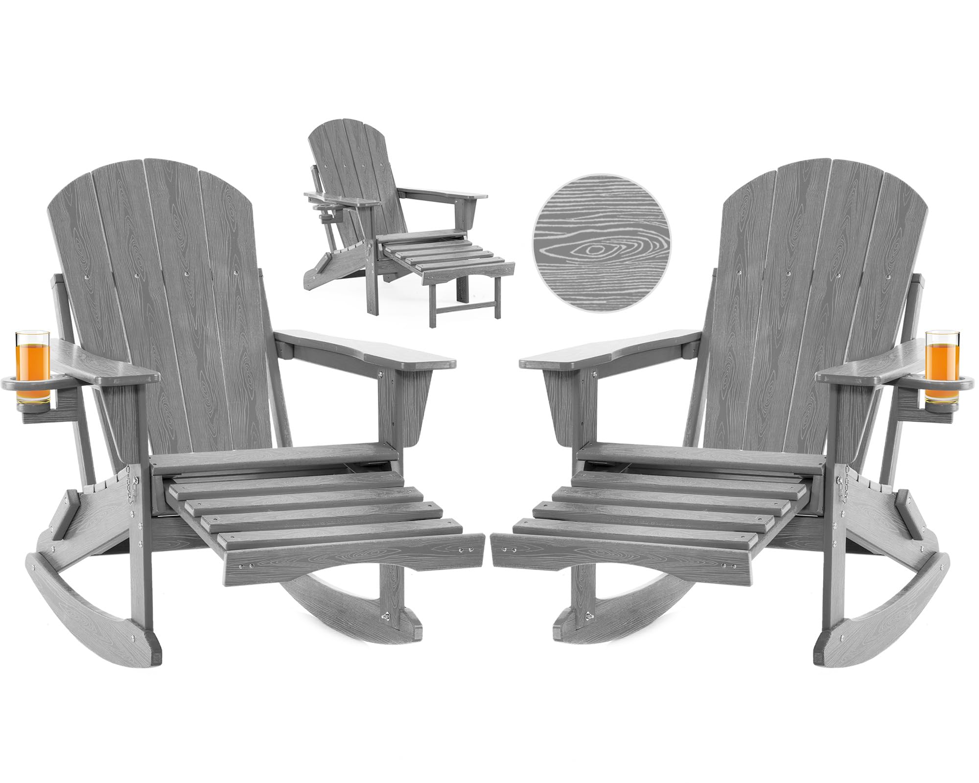 Folding Adirondack Rocking Chair,4-in-1 Multifunctional Patio Chair with Retractable Ottoman, Outdoor Chair Wood Texture, Lawn Chair for Porch, Backyard, Pool(Grey)