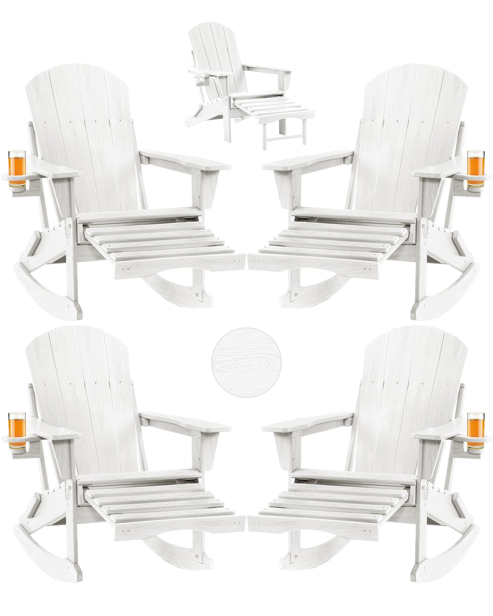 Folding Adirondack Rocking Chair,4-in-1 Multifunctional Patio Chair with Retractable Ottoman, Outdoor Chair Wood Texture, Lawn Chair for Porch, Backyard, Pool(Grey)