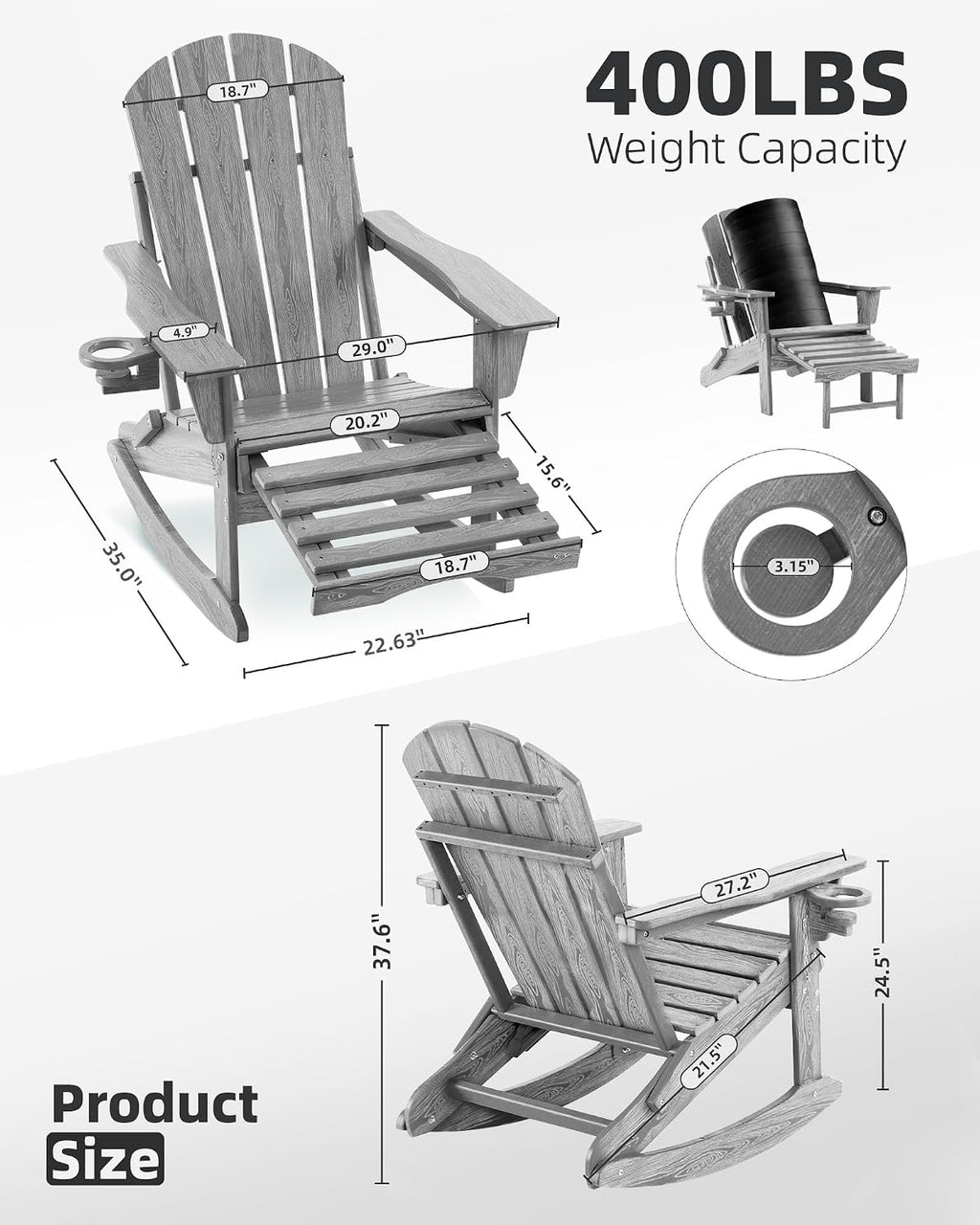 Folding Adirondack Rocking Chair,4-in-1 Multifunctional Patio Chair with Retractable Ottoman, Outdoor Chair Wood Texture, Lawn Chair for Porch, Backyard, Pool(Grey)