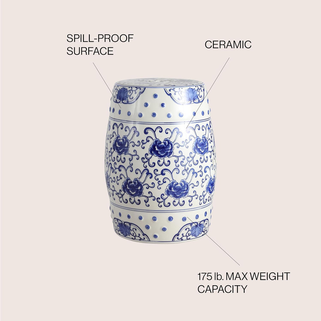 JONATHAN Y Lotus Flower 17.75" Chinoiserie Ceramic Drum Indoor/Outdoor Garden Stool, Traditional Floral Side Table, Plant Stand for Patio, Living Room, Blue/White TBL1000A