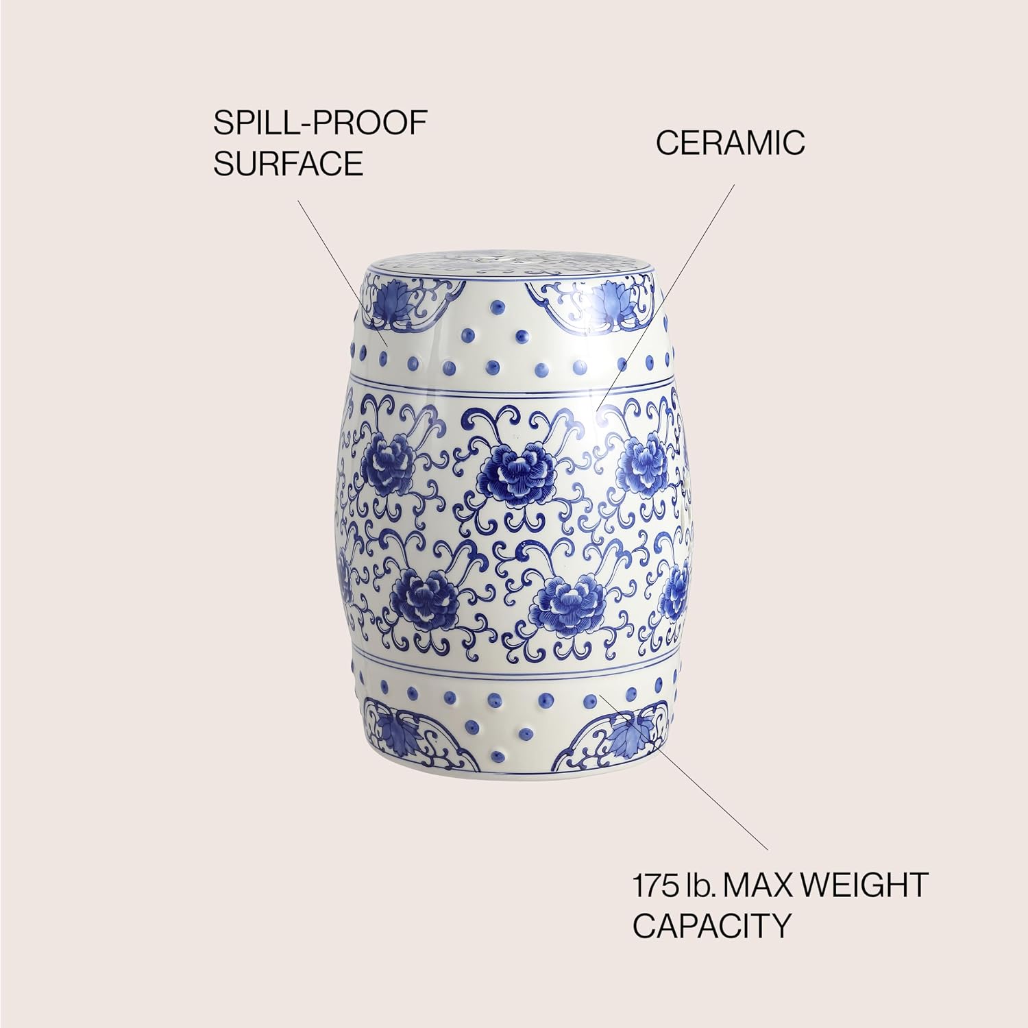 JONATHAN Y Lotus Flower 17.75" Chinoiserie Ceramic Drum Indoor/Outdoor Garden Stool, Traditional Floral Side Table, Plant Stand for Patio, Living Room, Blue/White TBL1000A