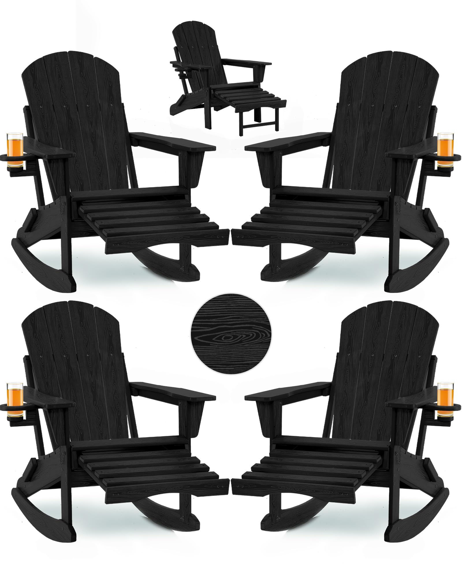Folding Adirondack Rocking Chair,4-in-1 Multifunctional Patio Chair with Retractable Ottoman, Outdoor Chair Wood Texture, Lawn Chair for Porch, Backyard, Pool(Grey)