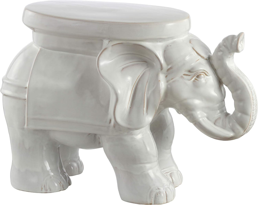 JONATHAN Y White Elephant 14.25" Glazed Ceramic Elephant Garden Stool, Weather-Resistant Indoor/Outdoor Patio Side Table and Plant Stand, Bohemian, Antique White TBL1007A
