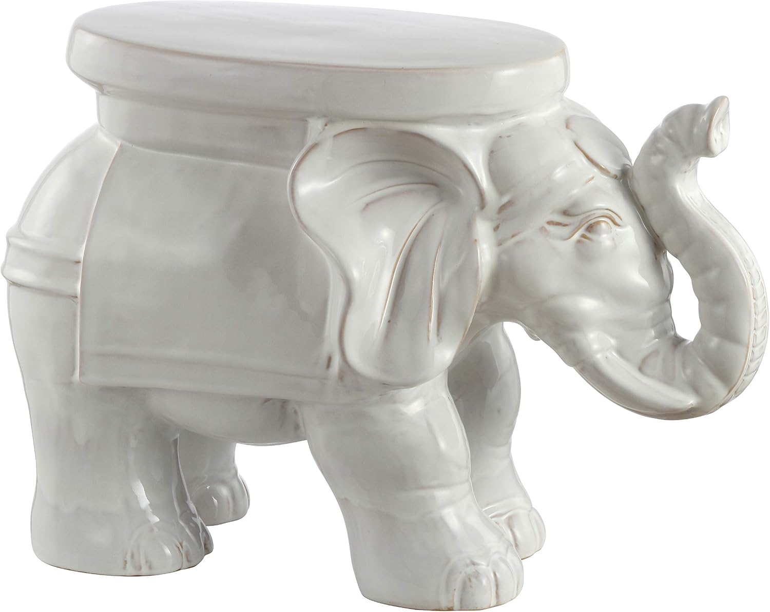 JONATHAN Y White Elephant 14.25" Glazed Ceramic Elephant Garden Stool, Weather-Resistant Indoor/Outdoor Patio Side Table and Plant Stand, Bohemian, Antique White TBL1007A