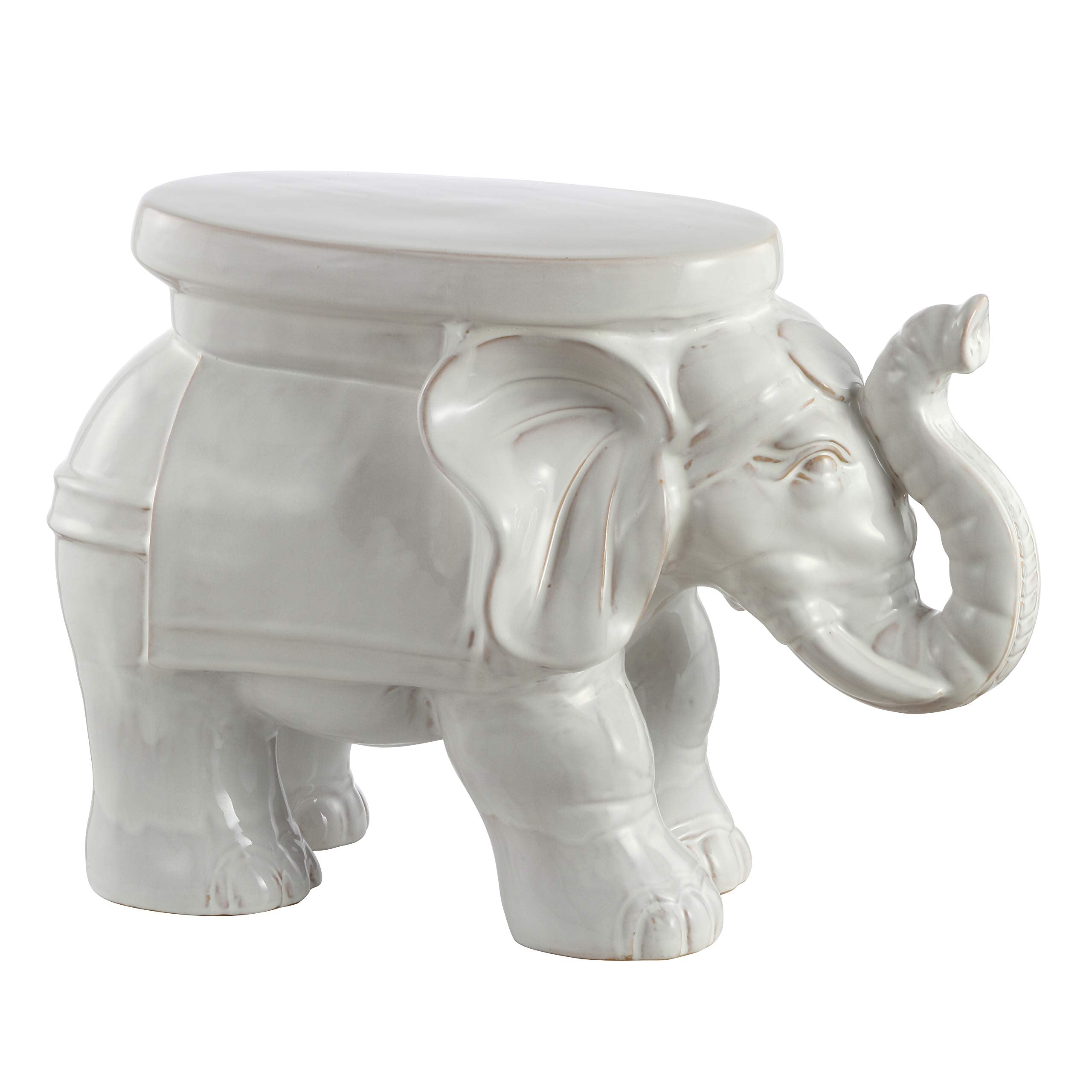 JONATHAN Y White Elephant 14.25" Glazed Ceramic Elephant Garden Stool, Weather-Resistant Indoor/Outdoor Patio Side Table and Plant Stand, Bohemian, Antique White TBL1007A