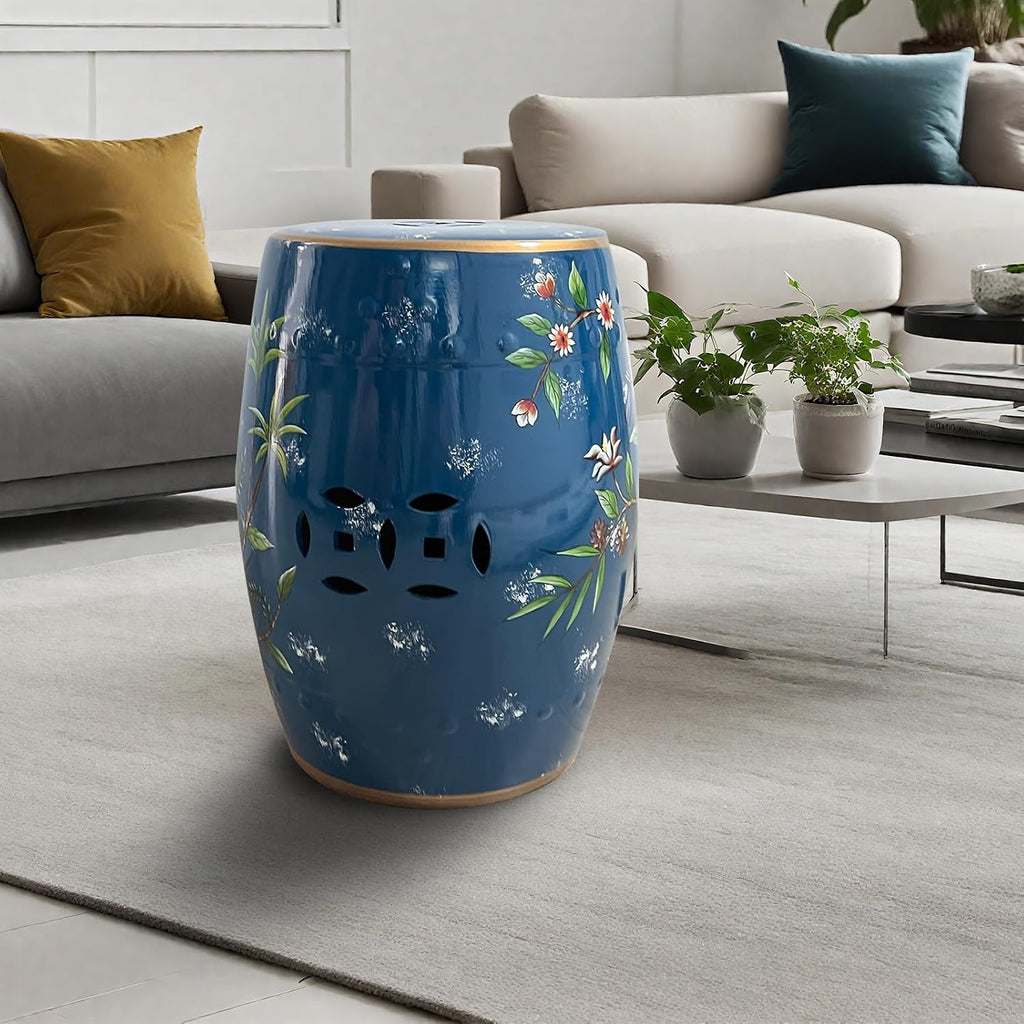 Ceramic Garden Stool, Hand-Painted Decorative Drum Accent Table for Indoor & Outdoor Use, Glazed Blue & White Chinoiserie Plant Stand, Side Table for Patio, Living Room, Bedroom, Balcony