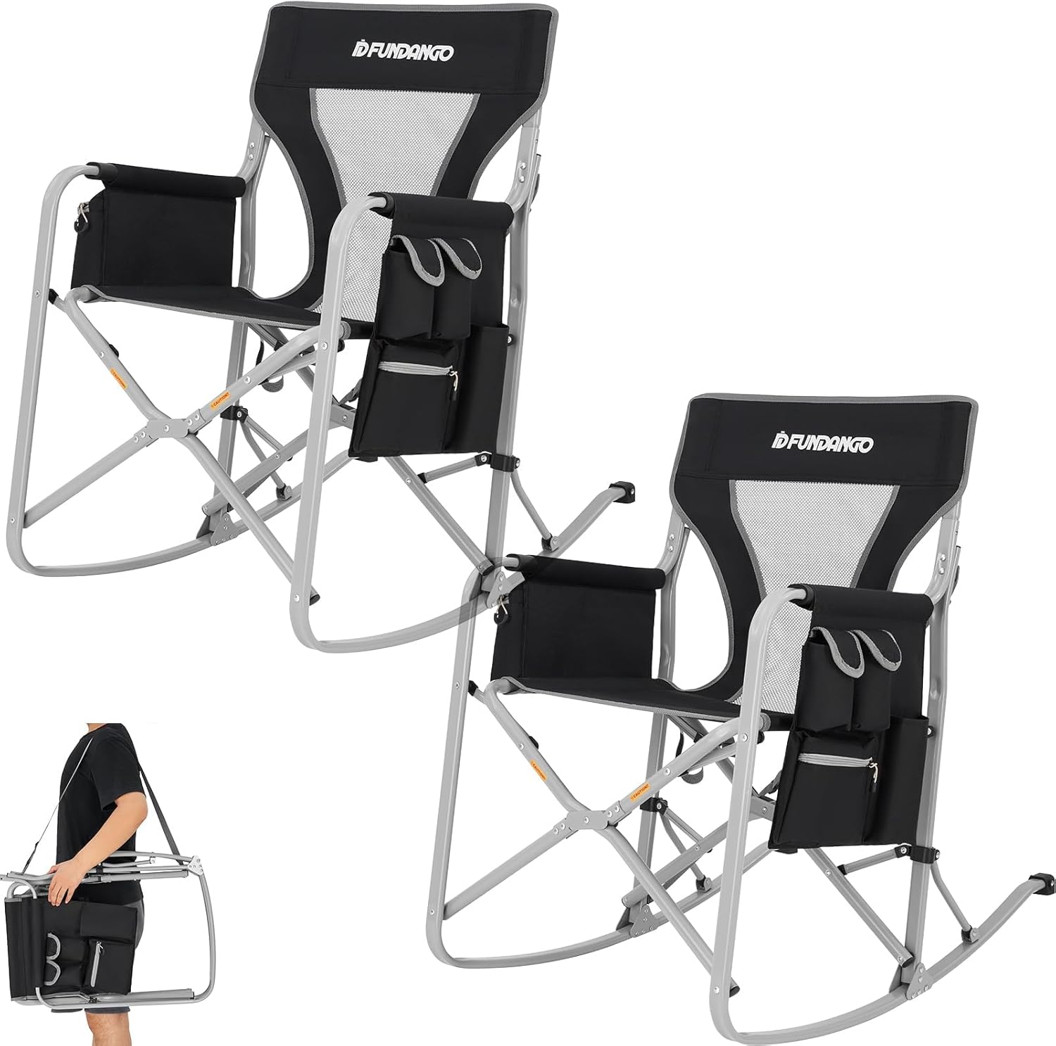FUNDANGO Rocking Camping Chair, Set of 2, Portable Foldable Camping Chair, Oversized Camp Chair with Padded Back and seat, Cooler Bag for Adults Outdoor Travel