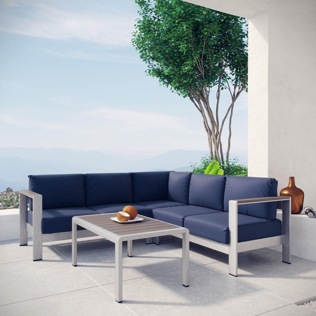 Modway Shore 4-Piece Aluminum Outdoor Patio Sectional Sofa Set in Silver Navy