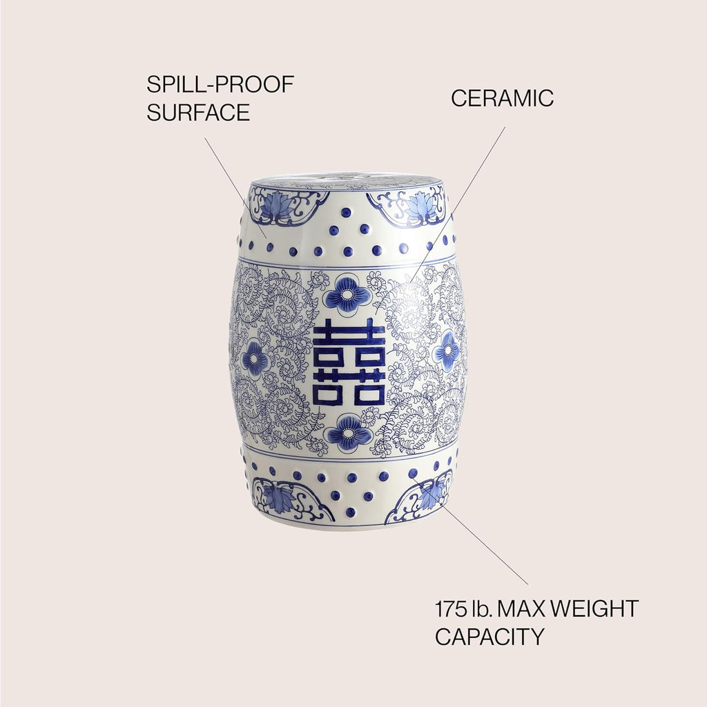 JONATHAN Y Double Happiness 18" Ceramic Garden Stool, Traditional Chinoiserie Blue and White Indoor/Outdoor Patio Drum Accent Side Table and Plant Stand TBL1013A