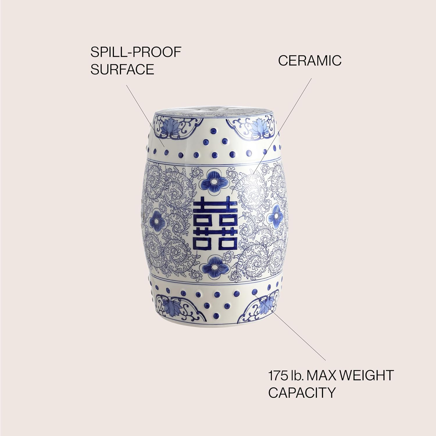 JONATHAN Y Double Happiness 18" Ceramic Garden Stool, Traditional Chinoiserie Blue and White Indoor/Outdoor Patio Drum Accent Side Table and Plant Stand TBL1013A