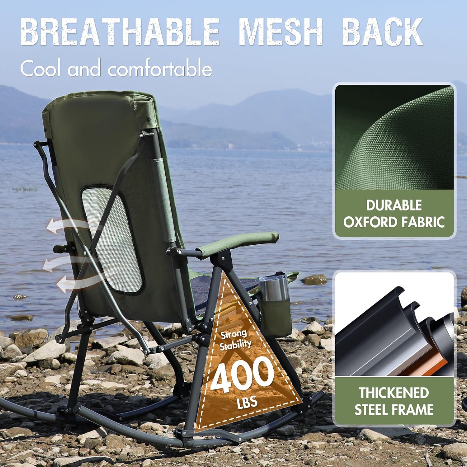 Portal Oversized Folding Rocking Camping Chair Portable Outdoor Rocker with High Back Hard Armrests Carry Bag, Supports 400 lbs