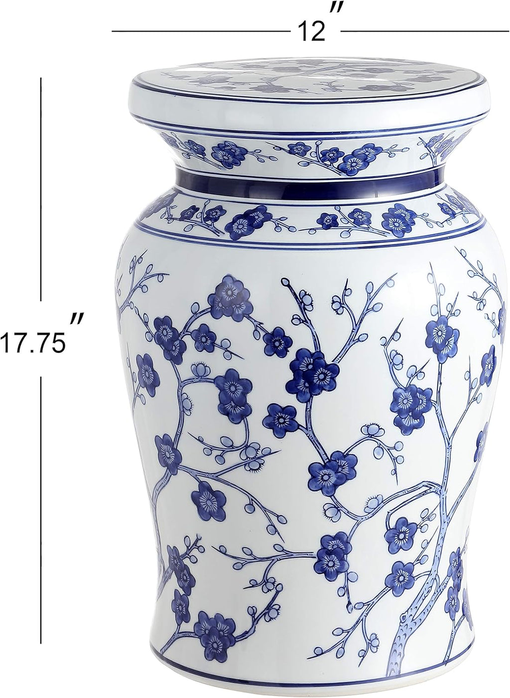 JONATHAN Y Cherry Blossom 18" Ceramic Chinoiserie Garden Stool, Traditional Floral Accent Side Table and Plant Stand for Indoor/Outdoor Garden, Patio, Living Room, Blue/White TBL1016A