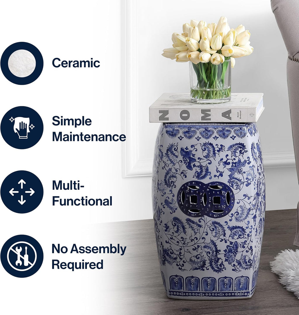 JONATHAN Y Floral Vine 18.5" Chinoiserie Ceramic Drum Indoor/Outdoor Garden Stool, Traditional, Side Table, Plant Stand, for Patio, Living Room, Blue/White TBL1011A