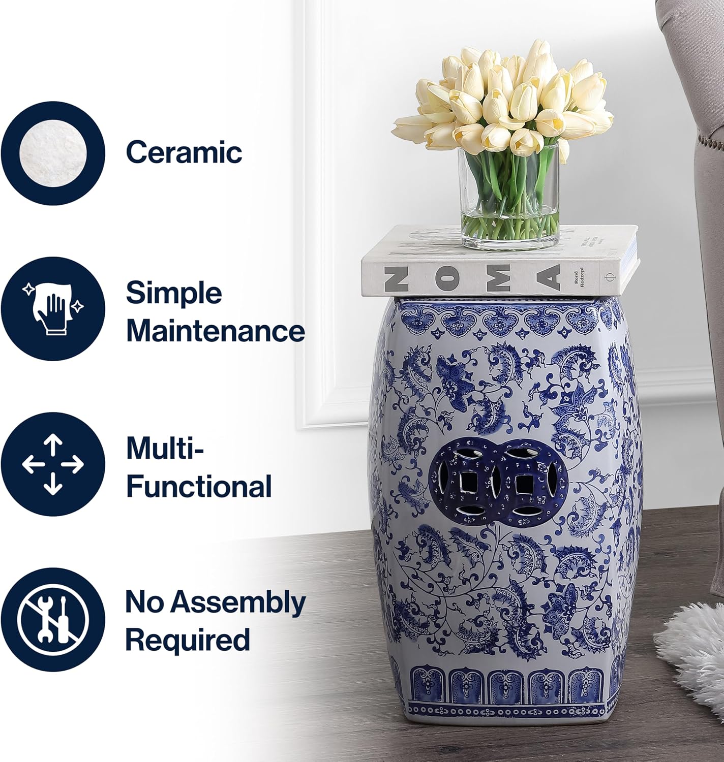 JONATHAN Y Floral Vine 18.5" Chinoiserie Ceramic Drum Indoor/Outdoor Garden Stool, Traditional, Side Table, Plant Stand, for Patio, Living Room, Blue/White TBL1011A