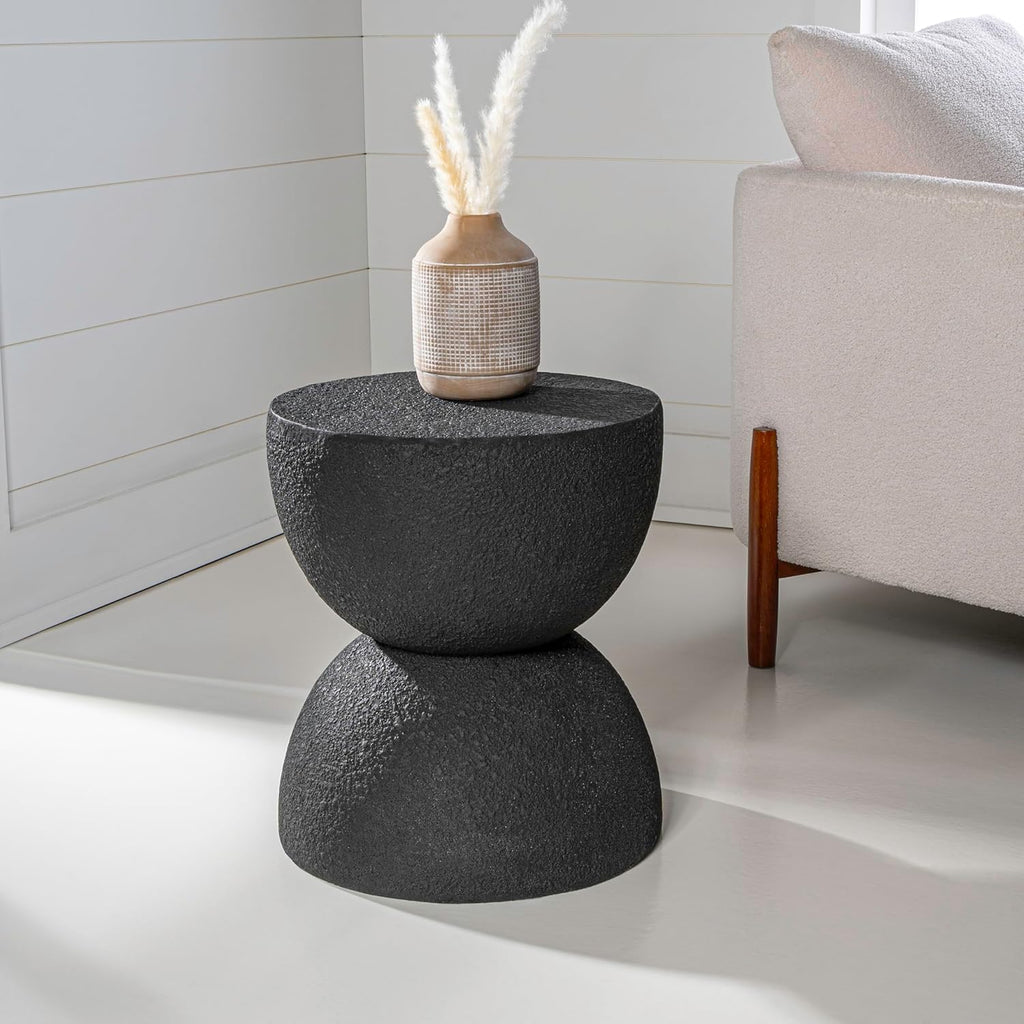 JONATHAN Y Greta Hourglass Outdoor Side Table and Stool, 18" Modern Textured All-Weather Accent End Table for Patio, Deck, or Garden, Black Frosted TBL1100B