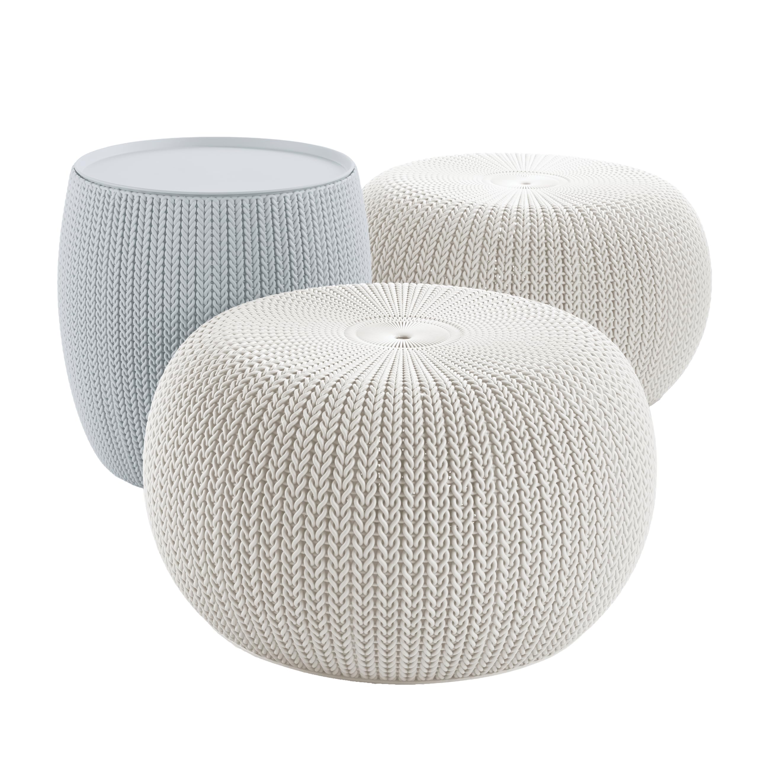 Keter Urban Knit Pouf Ottoman Set of 2 with Storage Table for Patio and Room Décor - Perfect for Balcony, Deck, and Outdoor Seating, Misty Blue & Taupe