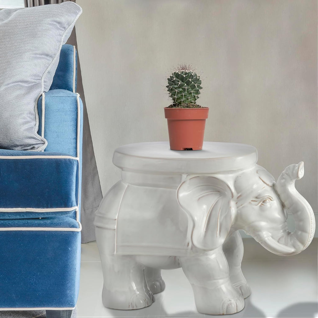 JONATHAN Y White Elephant 14.25" Glazed Ceramic Elephant Garden Stool, Weather-Resistant Indoor/Outdoor Patio Side Table and Plant Stand, Bohemian, Antique White TBL1007A