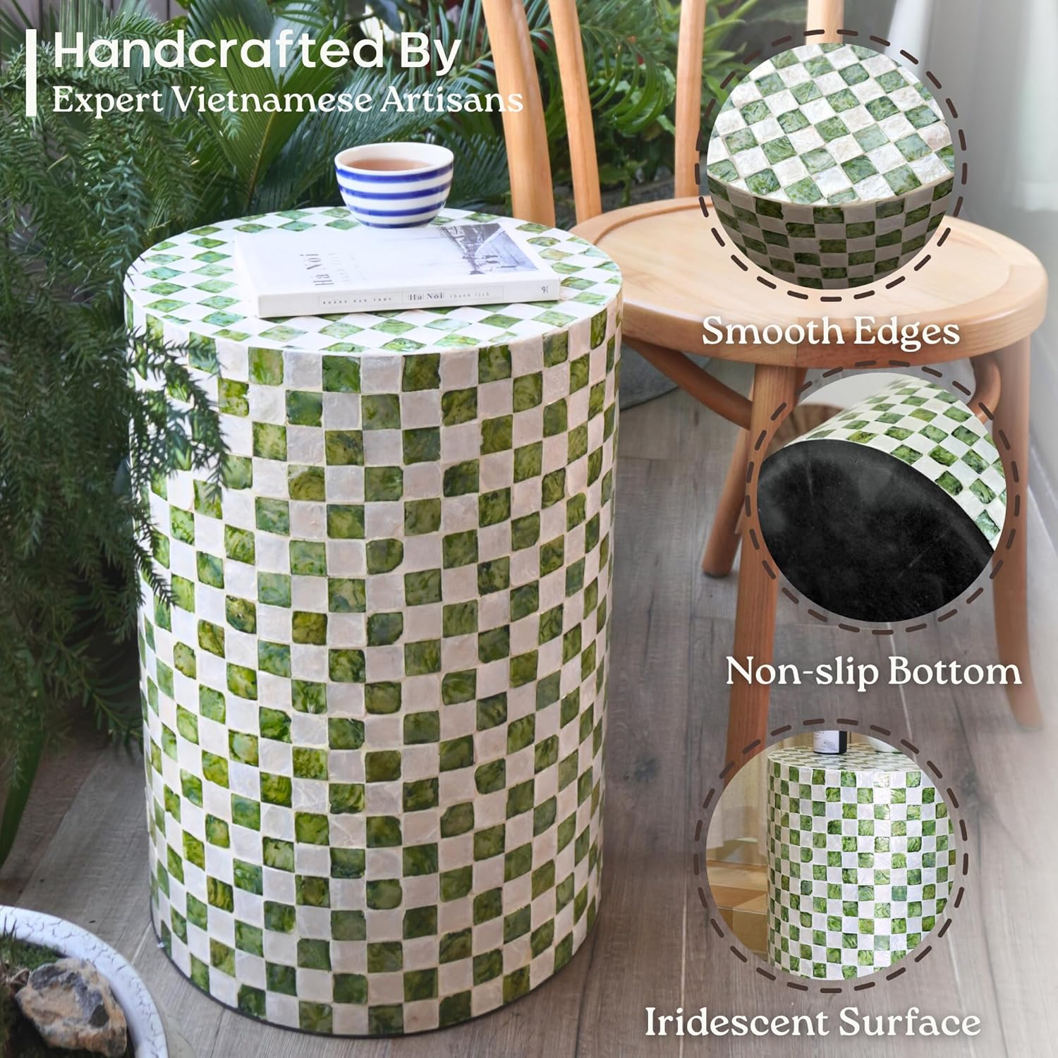 Chi An Home Pistachio Green 19.3" Checkered Capiz Shell Drum Side Table, Indoor Outdoor Round Accent Stool for Bedroom Living Room