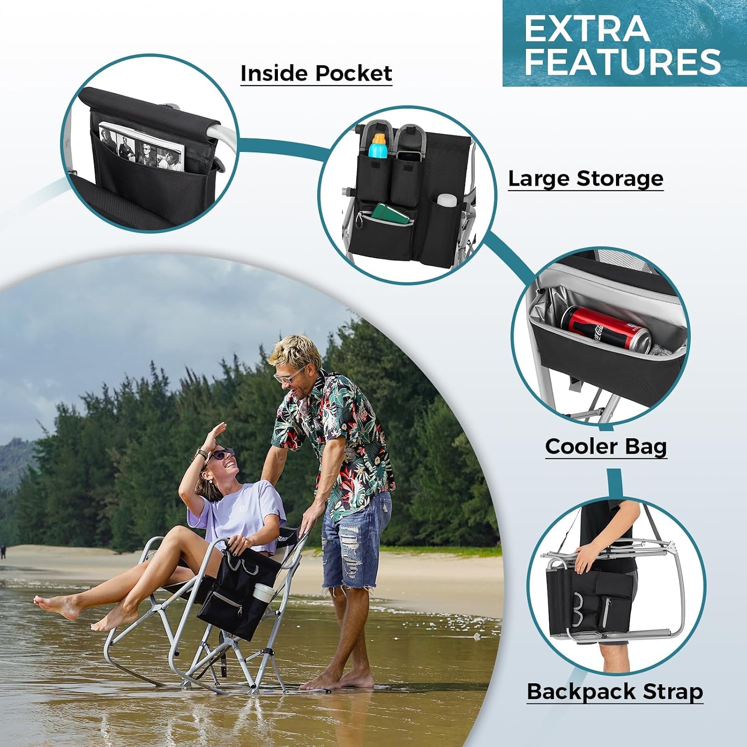 FUNDANGO Rocking Camping Chair, Set of 2, Portable Foldable Camping Chair, Oversized Camp Chair with Padded Back and seat, Cooler Bag for Adults Outdoor Travel